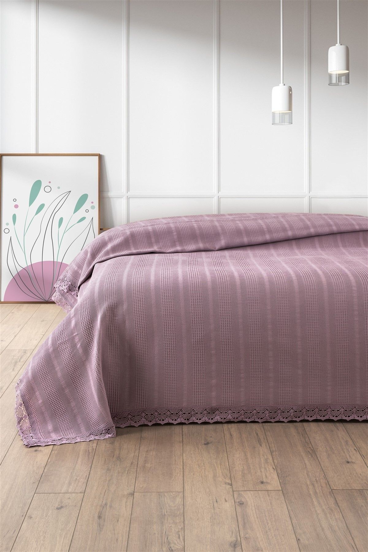 %100 Pamuk Çift Kişilik Kopanaki Dantelli Waffle Pike 210x230 cm - lila