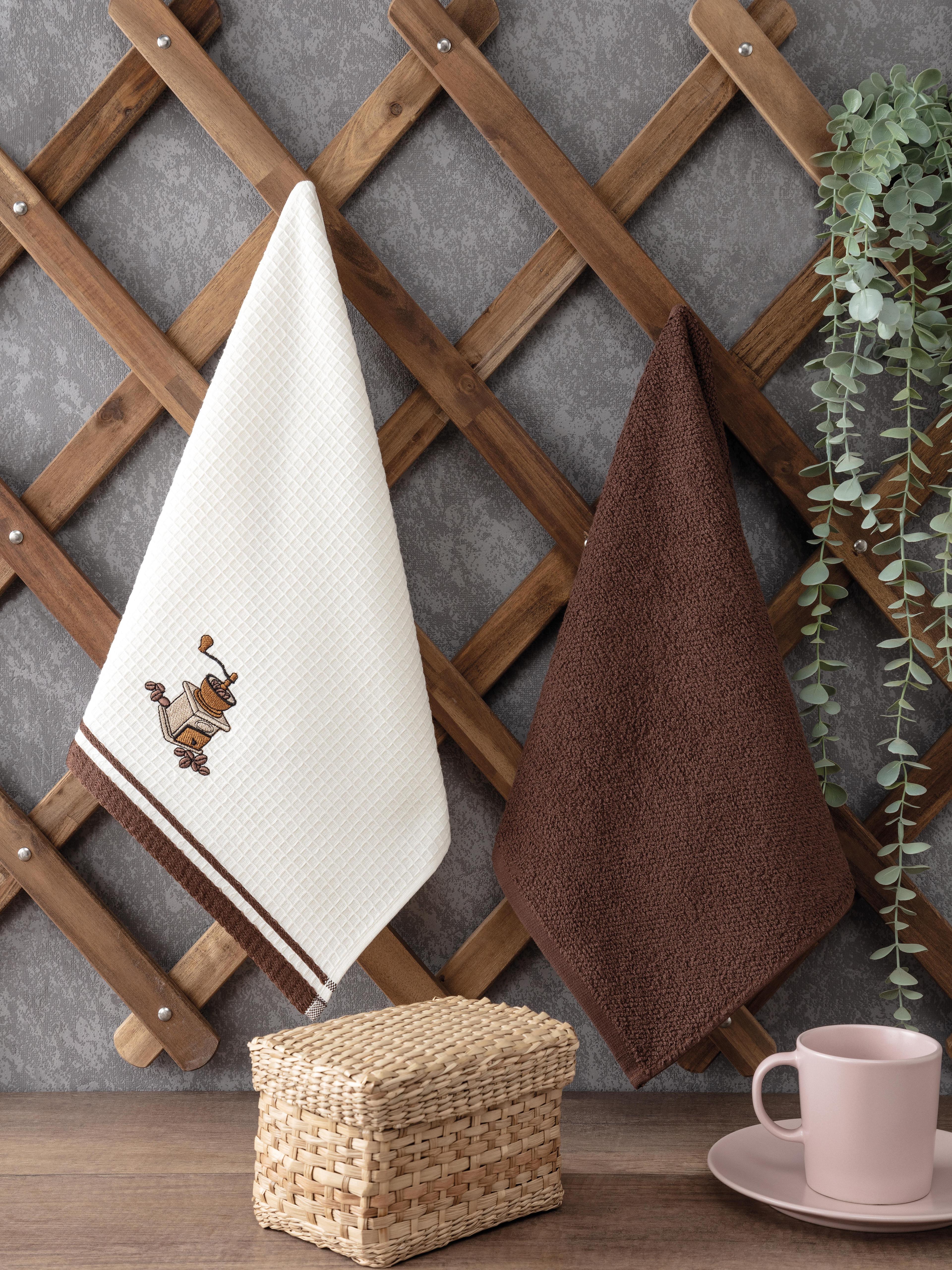2'li Nakışlı Mutfak Havlusu Takımı-%100 Pamuk Mutfak Havluları-40x60 cm - kahverengi