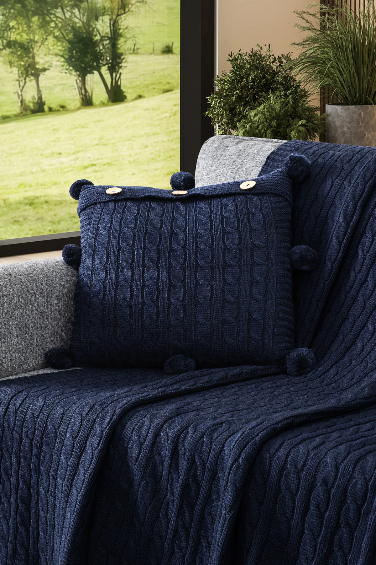 2'li Takım Ponponlu Triko Örme Kırlent Kılıfı & TV Battaniyesi- Omuz & Koltuk Şalı Seti