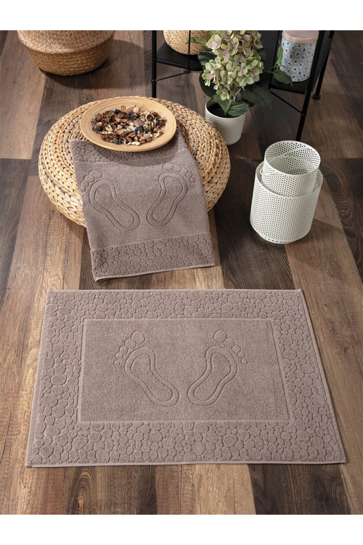 2'li Ayak İzli Ayak Havlusu Seti - %100 Pamuk & Yumuşak - Dayanıklı ve Yüksek Su Emici - 50x70 cm - vizon