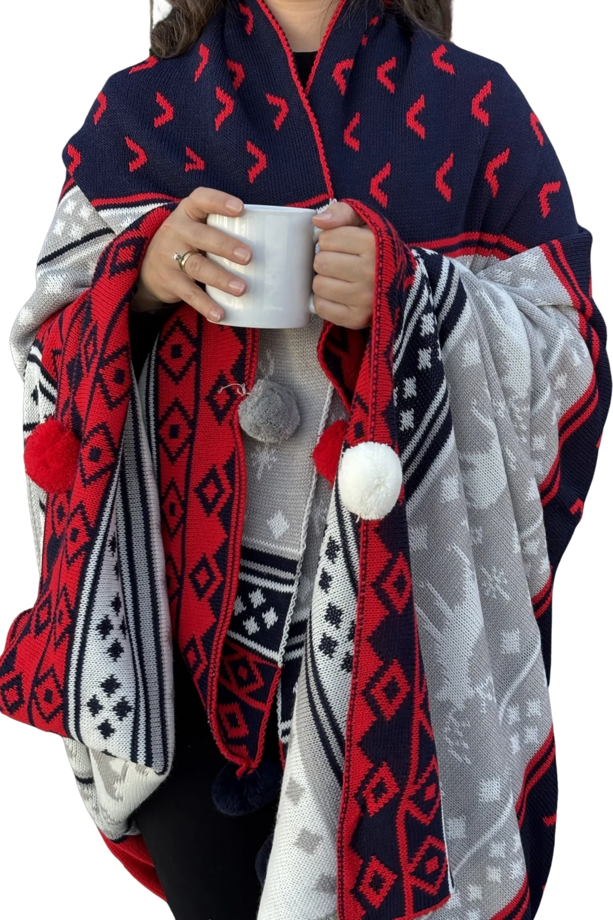 Yılbaşı Desenli Ponponlu Triko Örme Tv Battaniyesi–Yılbaşı Hediyesi-130x170 cm