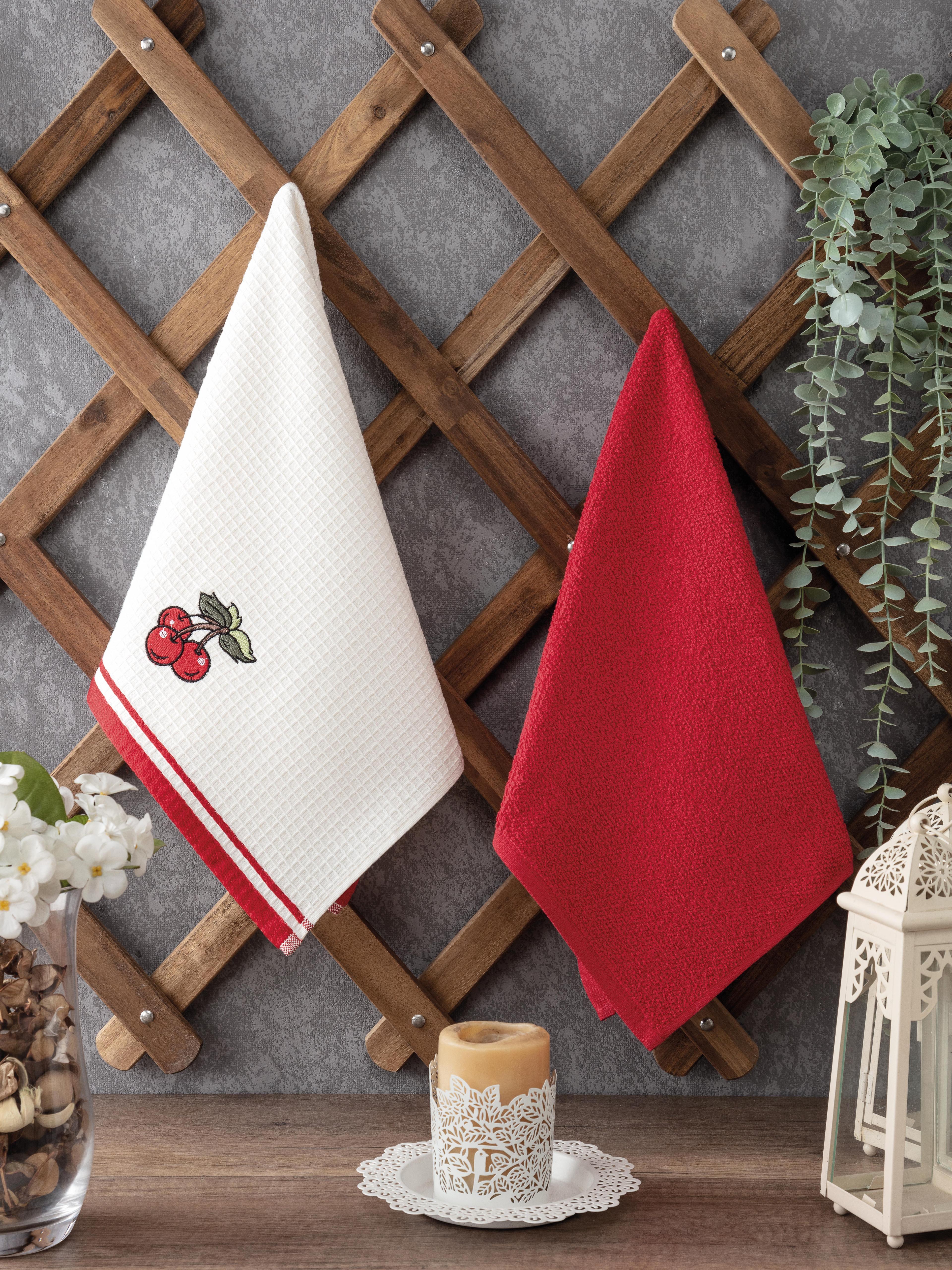 2'li Nakışlı Mutfak Havlusu Takımı-%100 Pamuk Mutfak Havluları-40x60 cm - Kırmızı