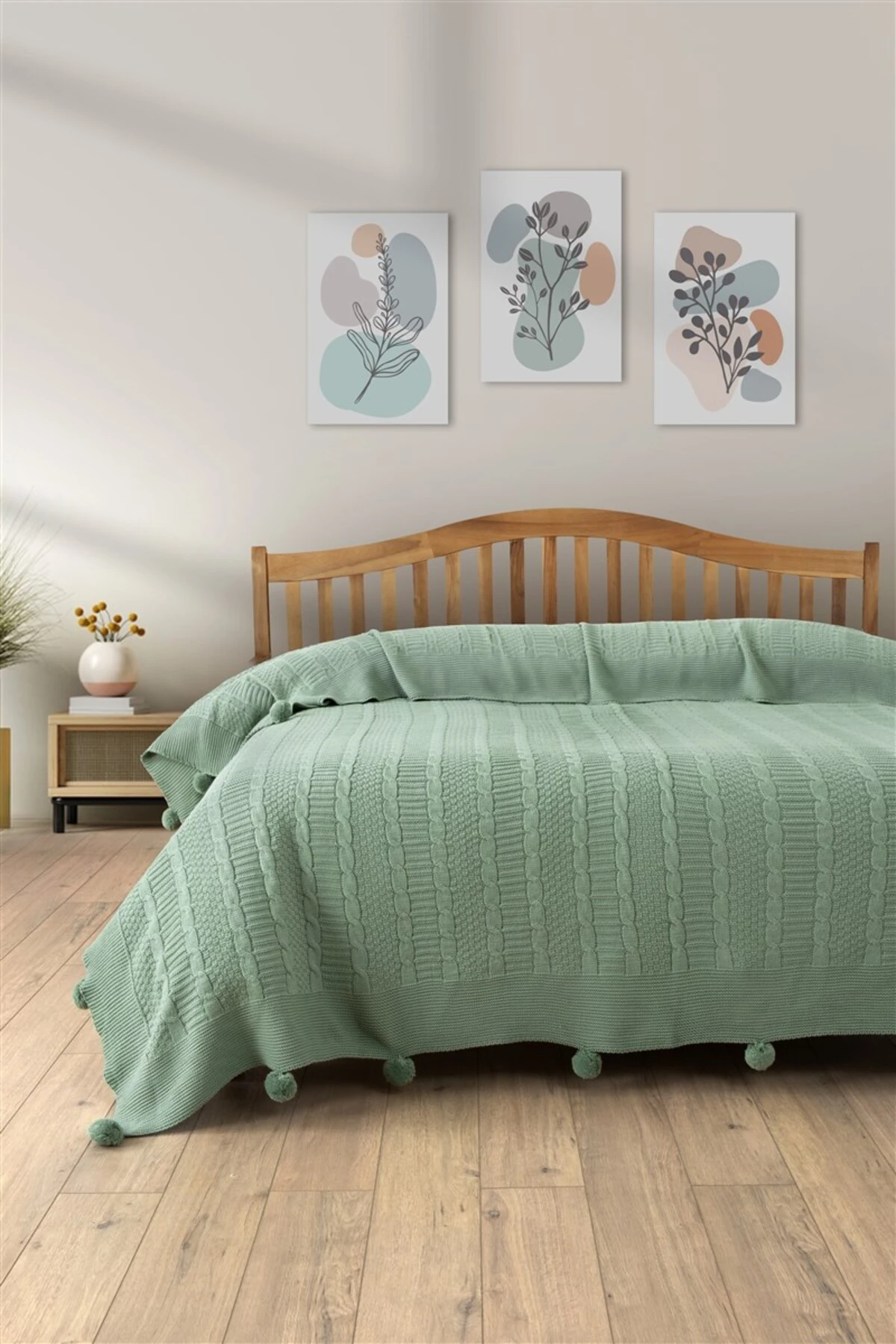 Tek Kişilik Triko Örme Battaniye - Yumuşak Dokulu & Şık Yatak Örtüsü-Örgü Battaniye - Hardal - mint yeşili