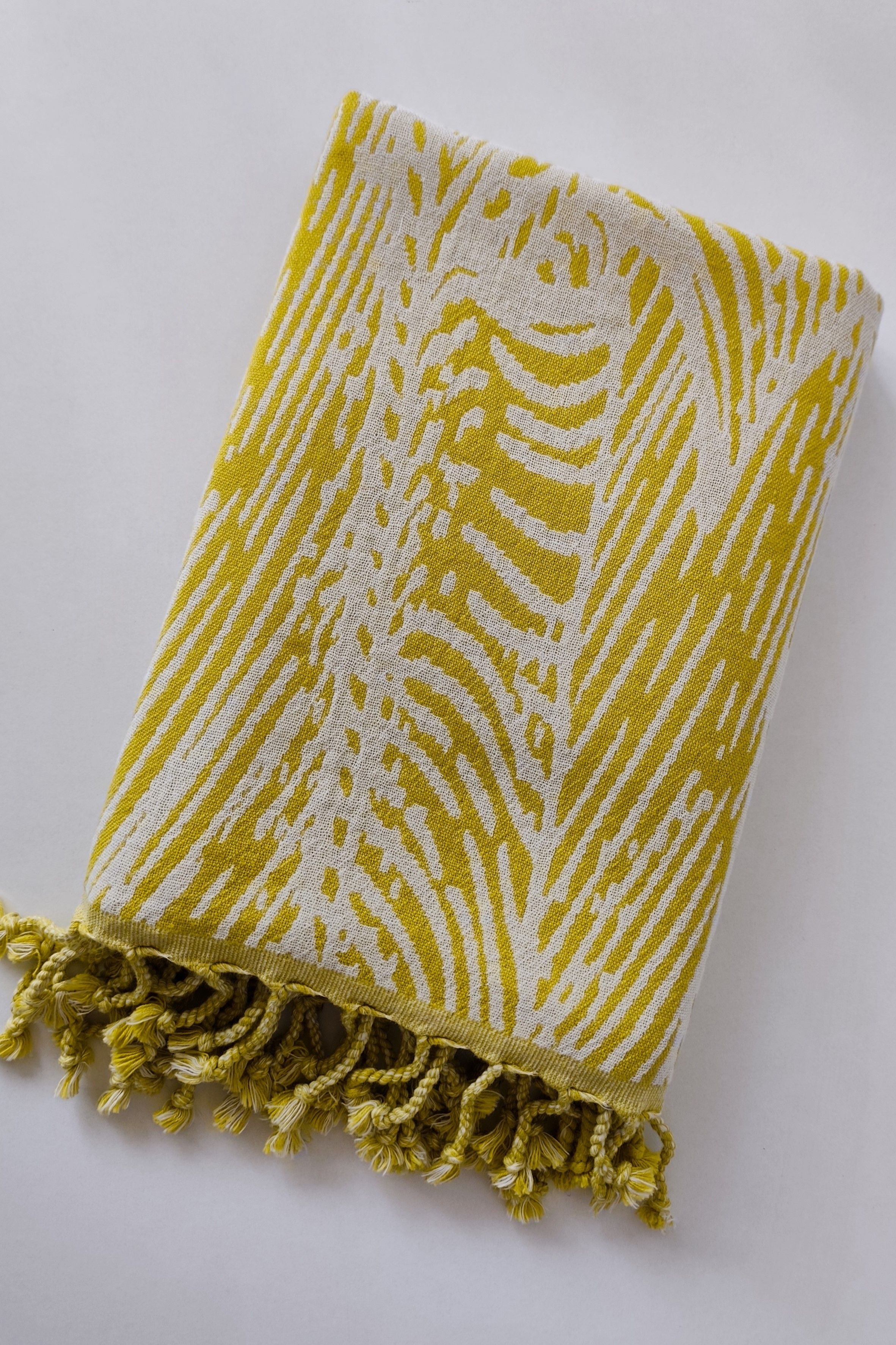 Jakarlı Müslin Peştemal-Yaprak Desen-90x170 cm - hardal