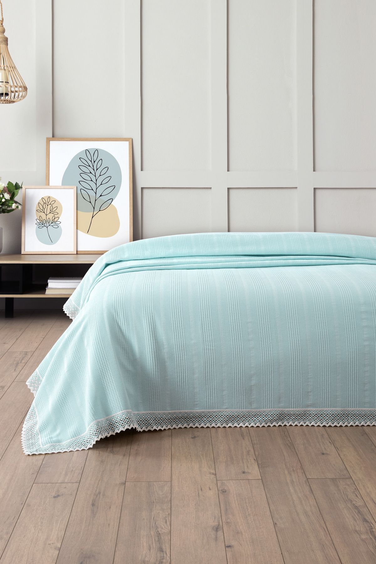 Tek Kişilik İki Renkli Kopanaki Dantelli Petek Pike - Waffle Dokuma -160x230 cm-Kapuçino