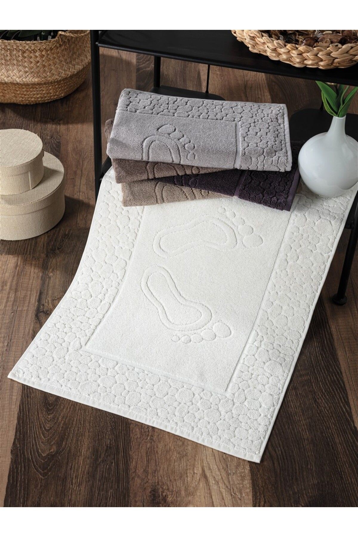 2'li Ayak İzli Ayak Havlusu Seti - %100 Pamuk & Yumuşak - Dayanıklı ve Yüksek Su Emici - 50x70 cm - gri