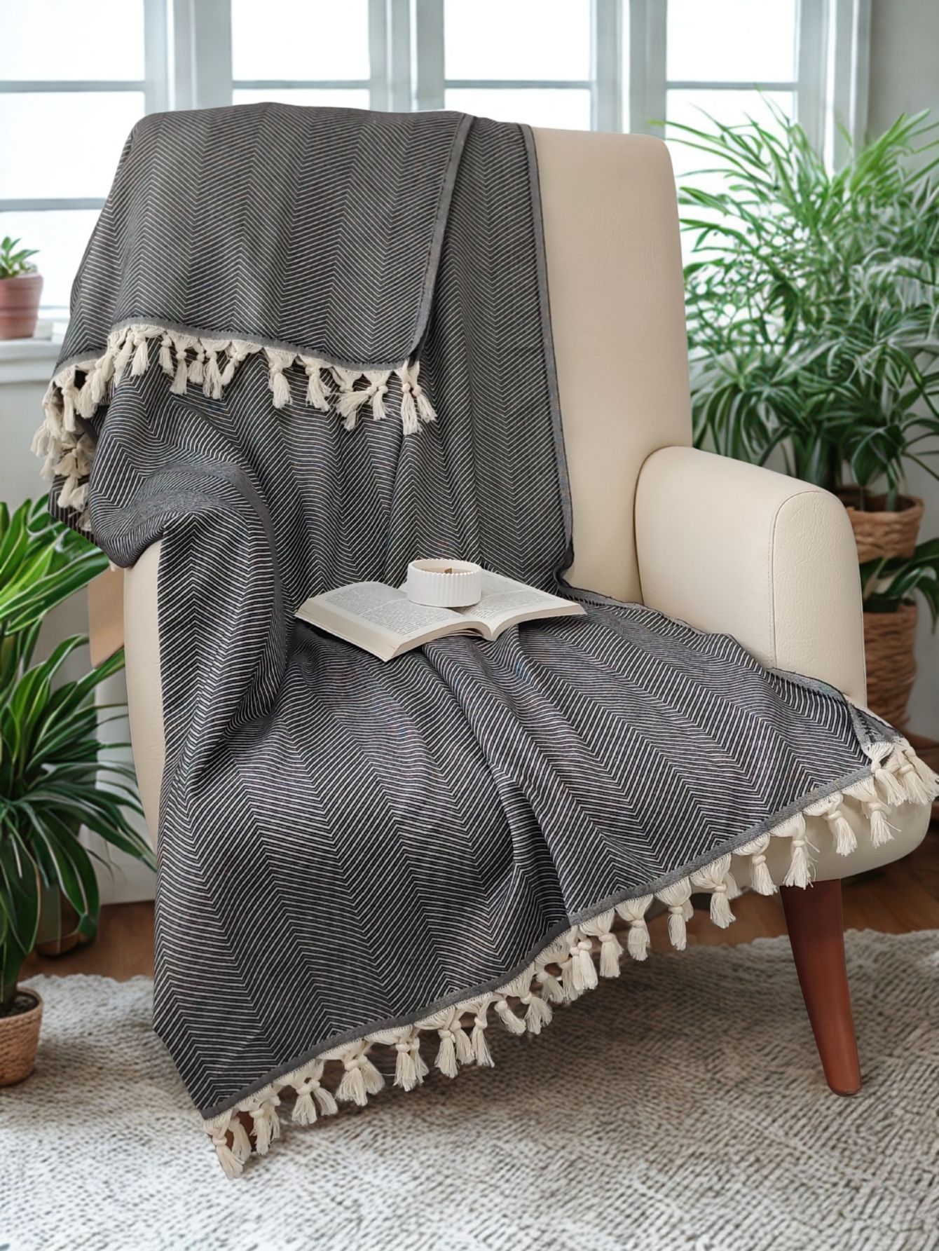 %100 Pamuk Koltuk Örtüsü - Çok Amaçlı Koltuk Şalı, Pike, Piknik Örtüsü-170x220cm - antrasit