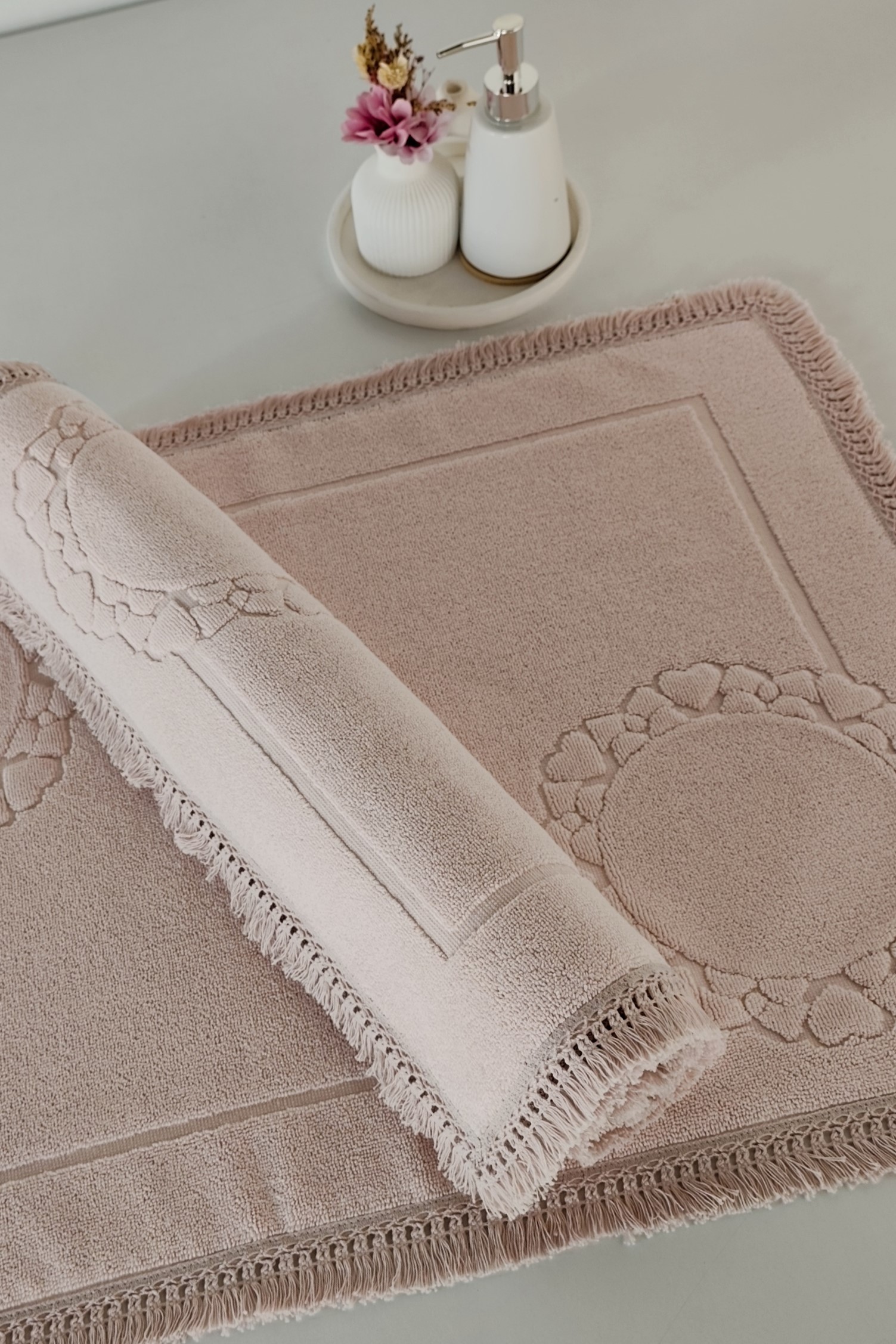 2'li Set Püskül Dantelli Ayak Havlusu 50x70 Cm - Yumuşak Ve Su Emici