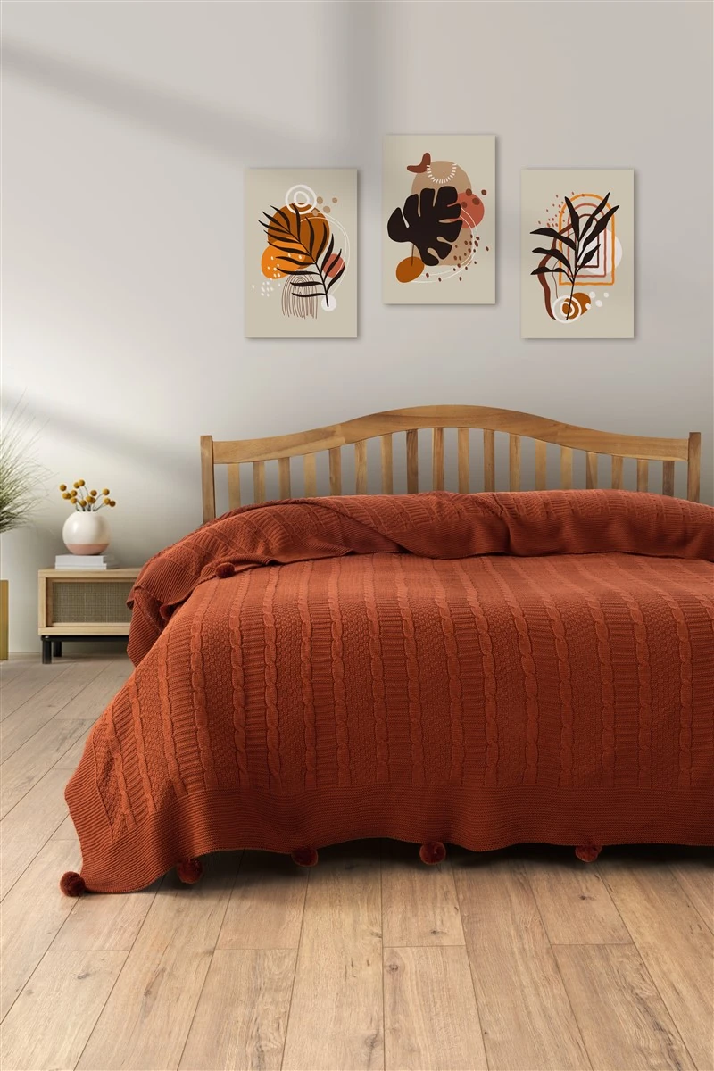 Tek Kişilik Triko Örme Battaniye - Yumuşak Dokulu & Şık Yatak Örtüsü-Örgü Battaniye - Hardal - kiremit