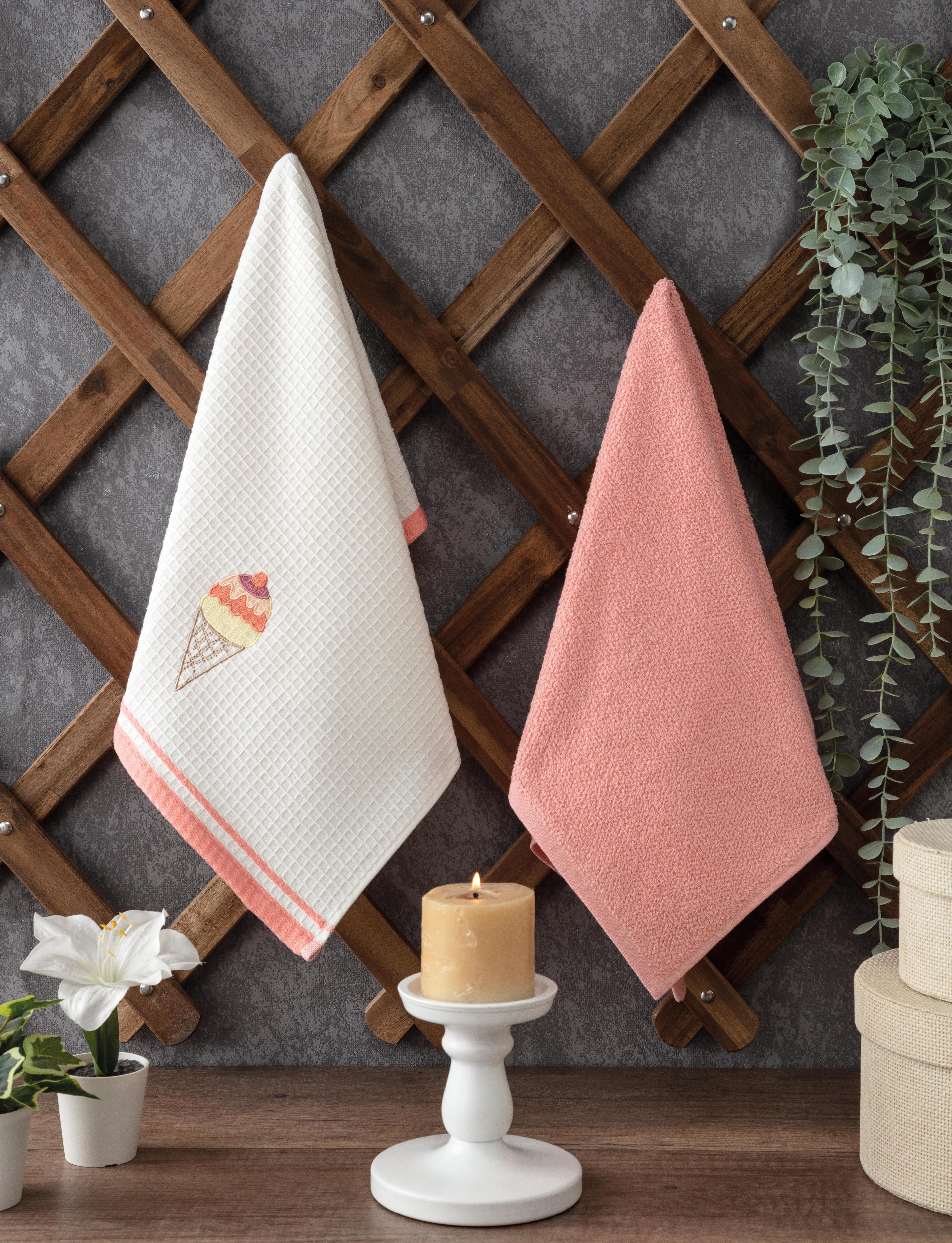 2'li Nakışlı Mutfak Havlusu Takımı-%100 Pamuk Mutfak Havluları-40x60 cm - somon