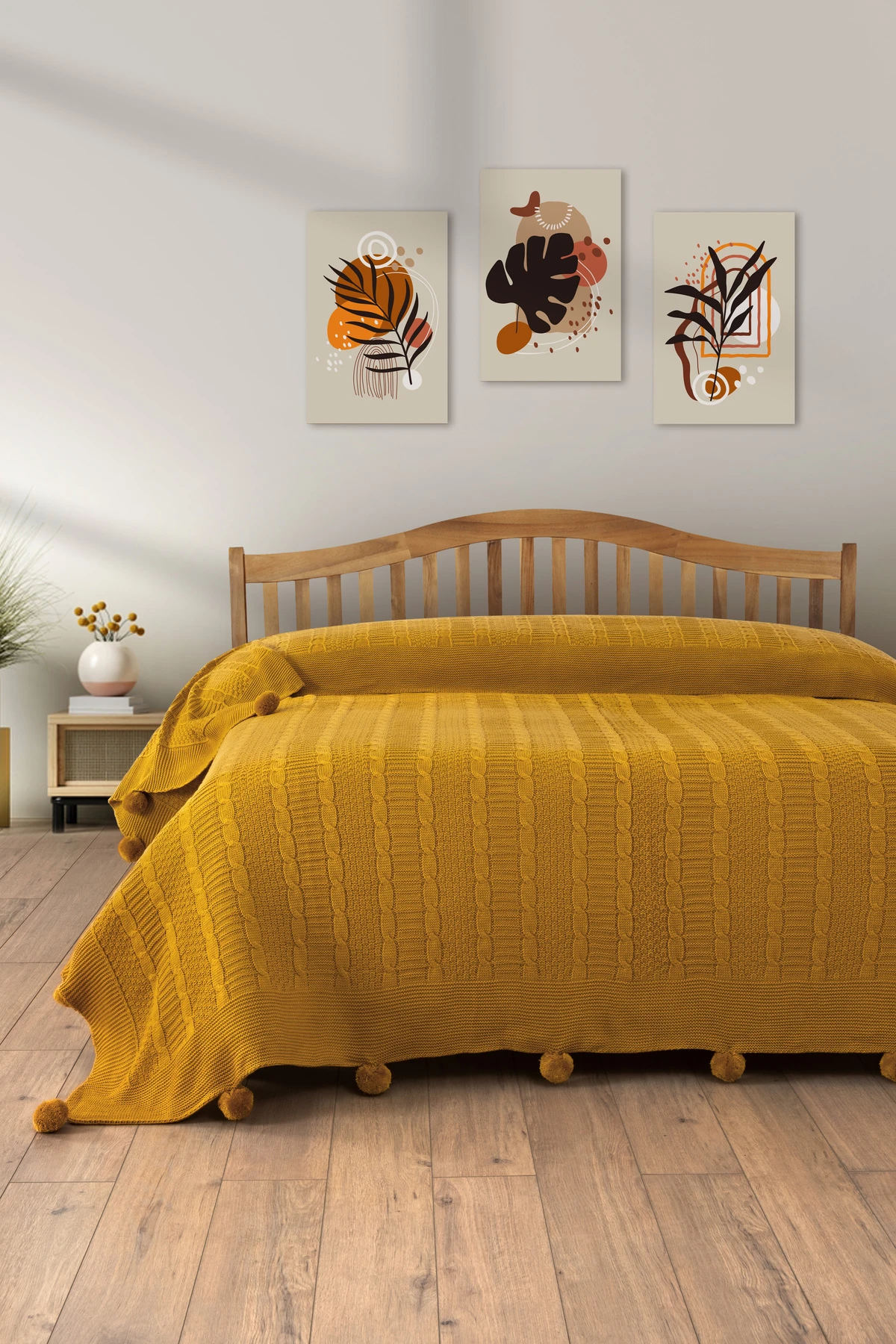 Tek Kişilik Triko Örme Battaniye - Yumuşak Dokulu & Şık Yatak Örtüsü-Örgü Battaniye - Hardal - hardal