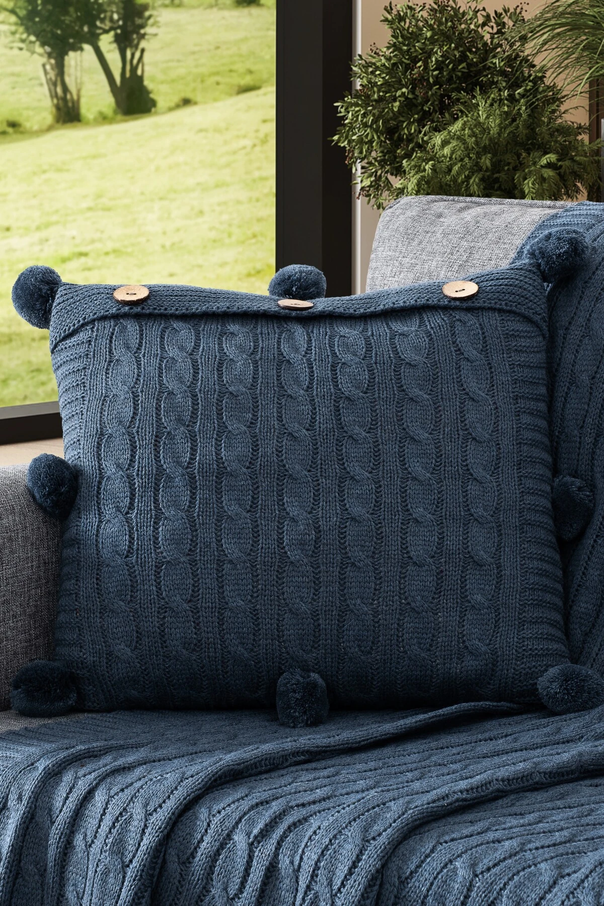 Ponponlu Triko Örme Kırlent Kılıfı - 40x40 cm Kare Yastık Kılıfı - i̇ndigo