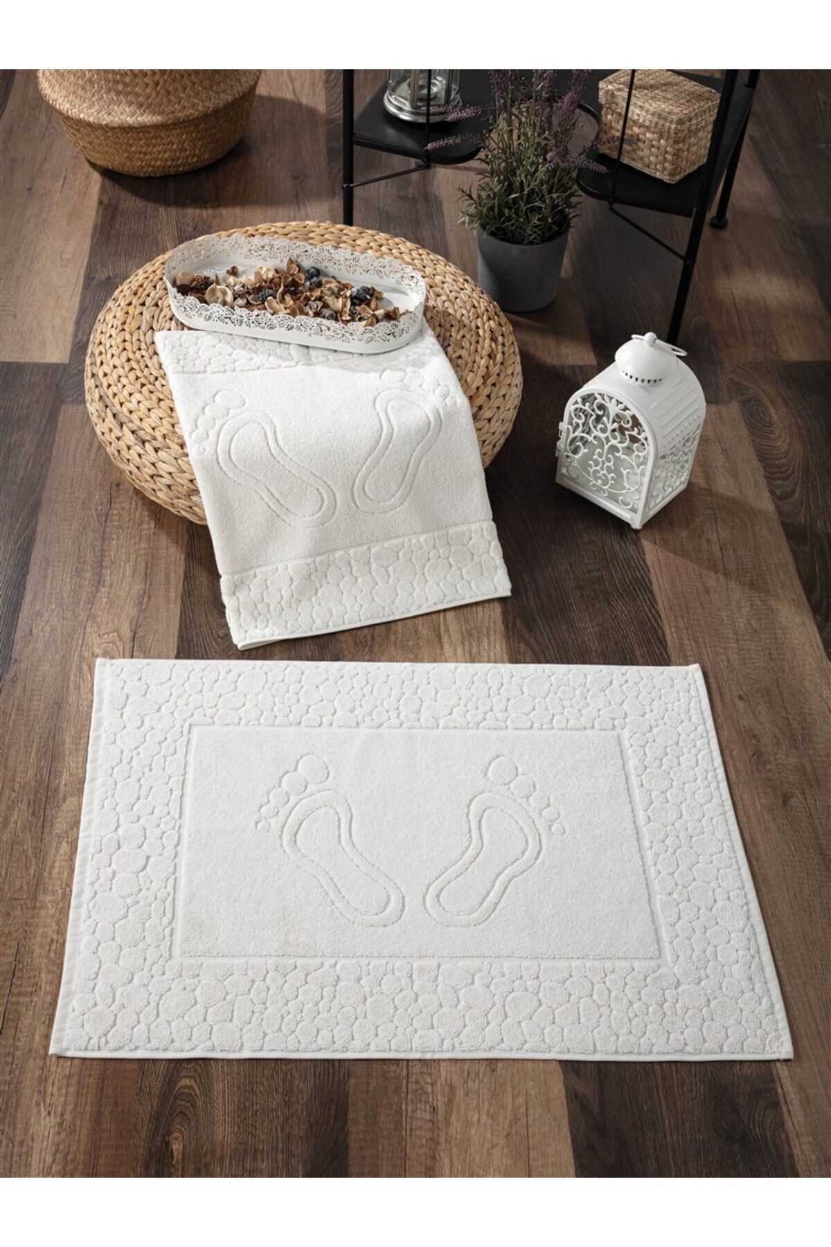 2'li Ayak İzli Ayak Havlusu Seti - %100 Pamuk & Yumuşak - Dayanıklı ve Yüksek Su Emici - 50x70 cm - ekru