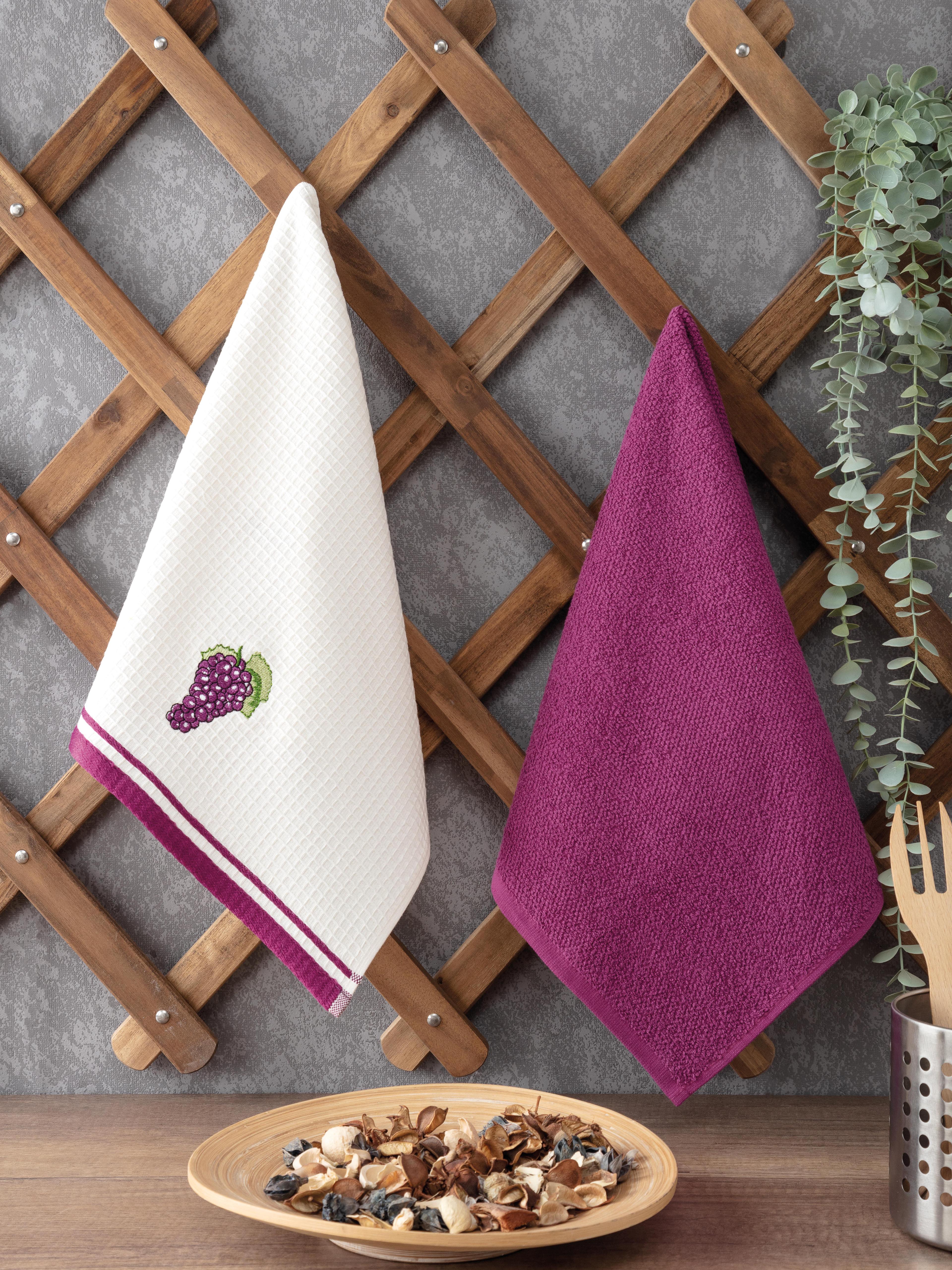 2'li Nakışlı Mutfak Havlusu Takımı-%100 Pamuk Mutfak Havluları-40x60 cm - mor