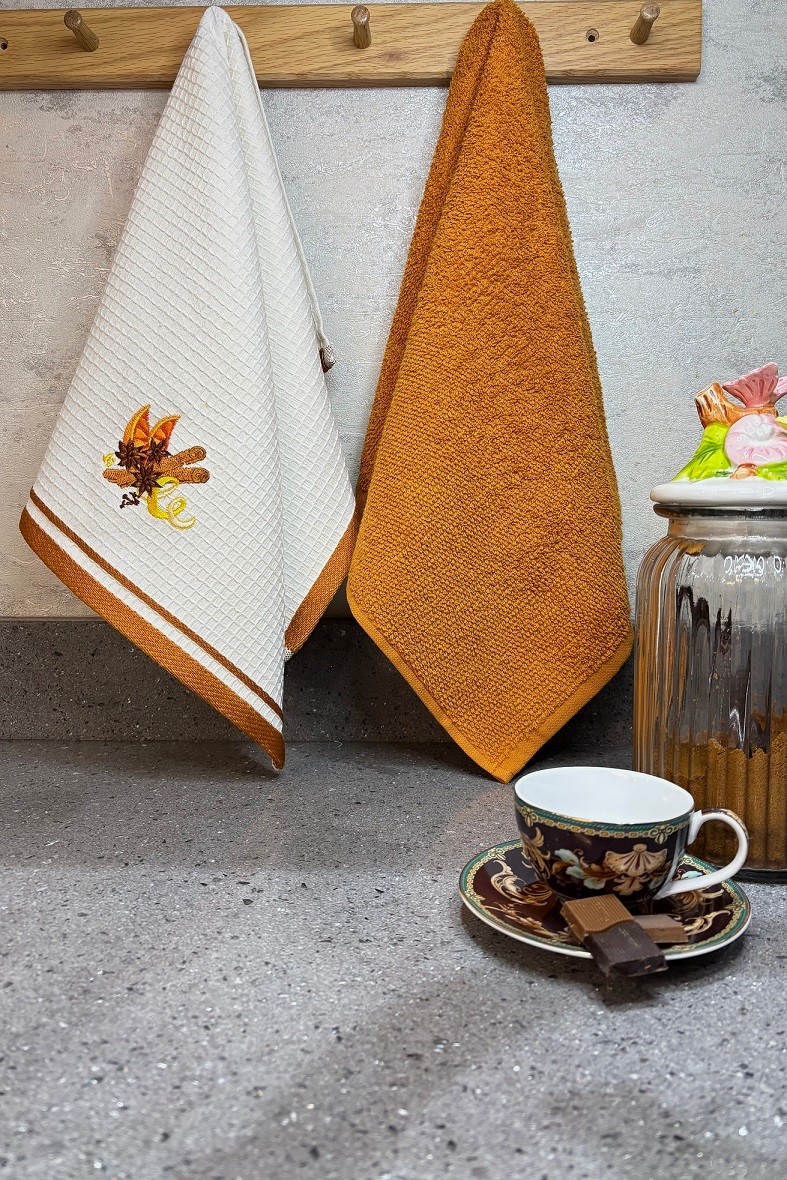 2'li Nakışlı Mutfak Havlusu Takımı-%100 Pamuk Mutfak Havluları-40x60 cm - kiremit