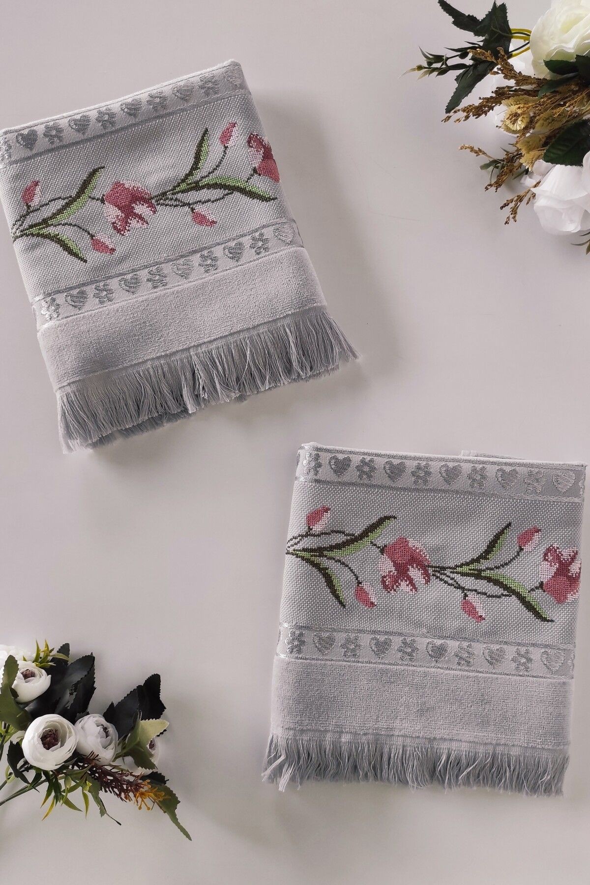 Kanaviçe Nakışlı Güllü Kadife El Yüz Havlusu Seti-2'li - 50x90 Cm - gri