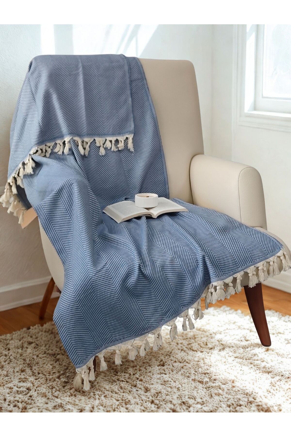 %100 Pamuk Koltuk Örtüsü - Çok Amaçlı Koltuk Şalı, Pike, Piknik Örtüsü-170x220cm - Mavi