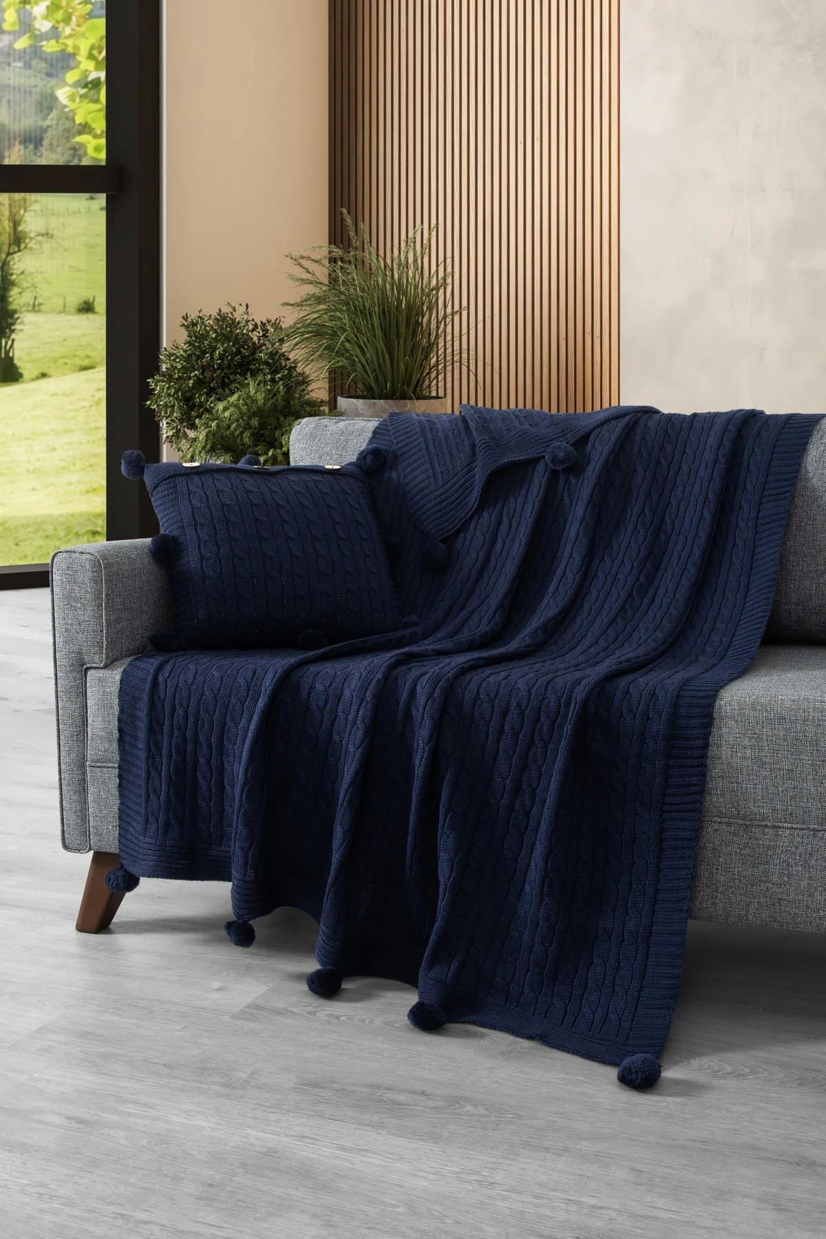 2'li Takım Ponponlu Triko Örme Kırlent Kılıfı & TV Battaniyesi- Omuz & Koltuk Şalı Seti - lacivert