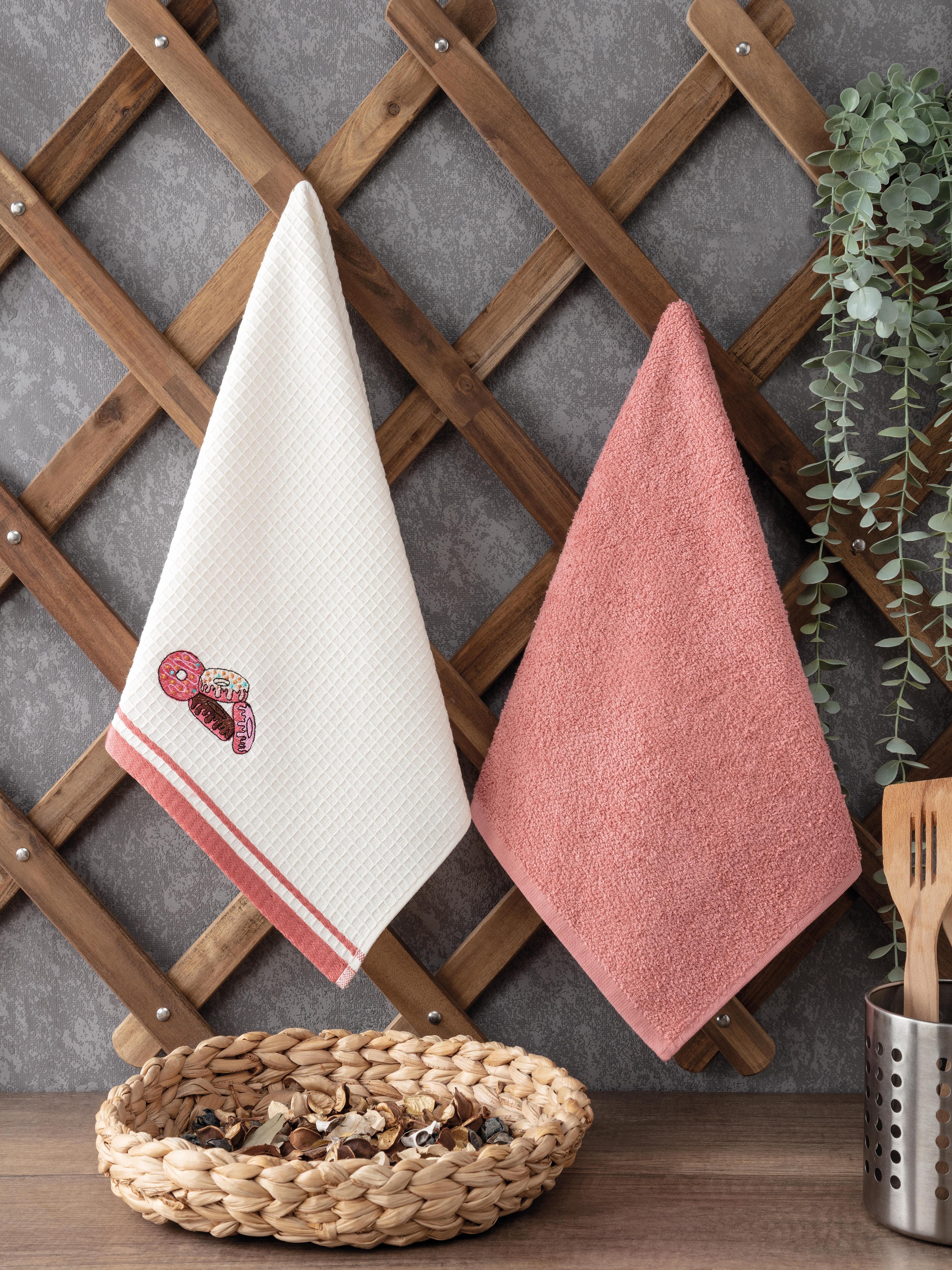 2'li Nakışlı Mutfak Havlusu Takımı-%100 Pamuk Mutfak Havluları-40x60 cm - gül kurusu