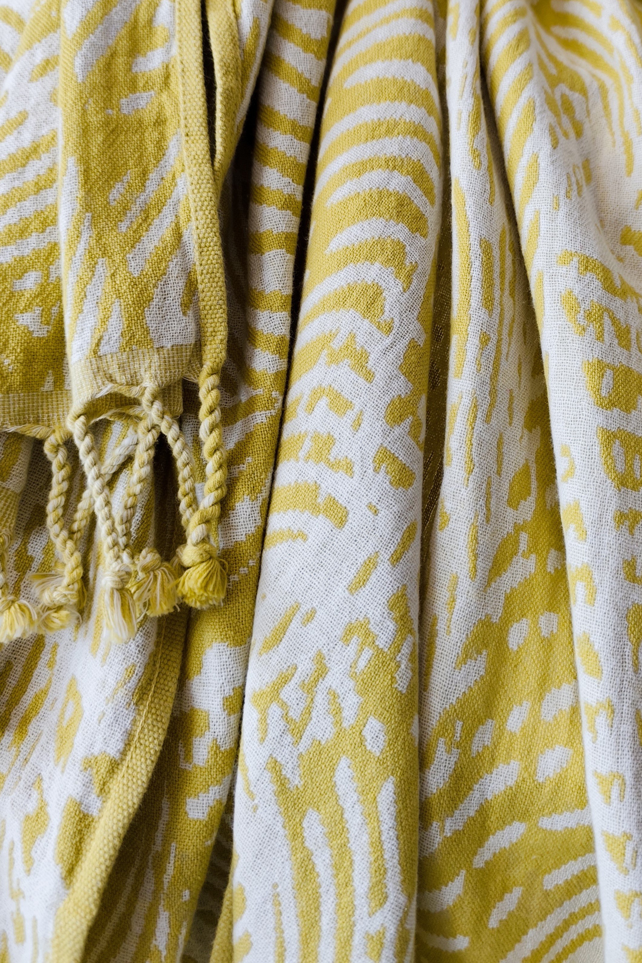 Jakarlı Müslin Peştemal-Yaprak Desen-90x170 cm - hardal