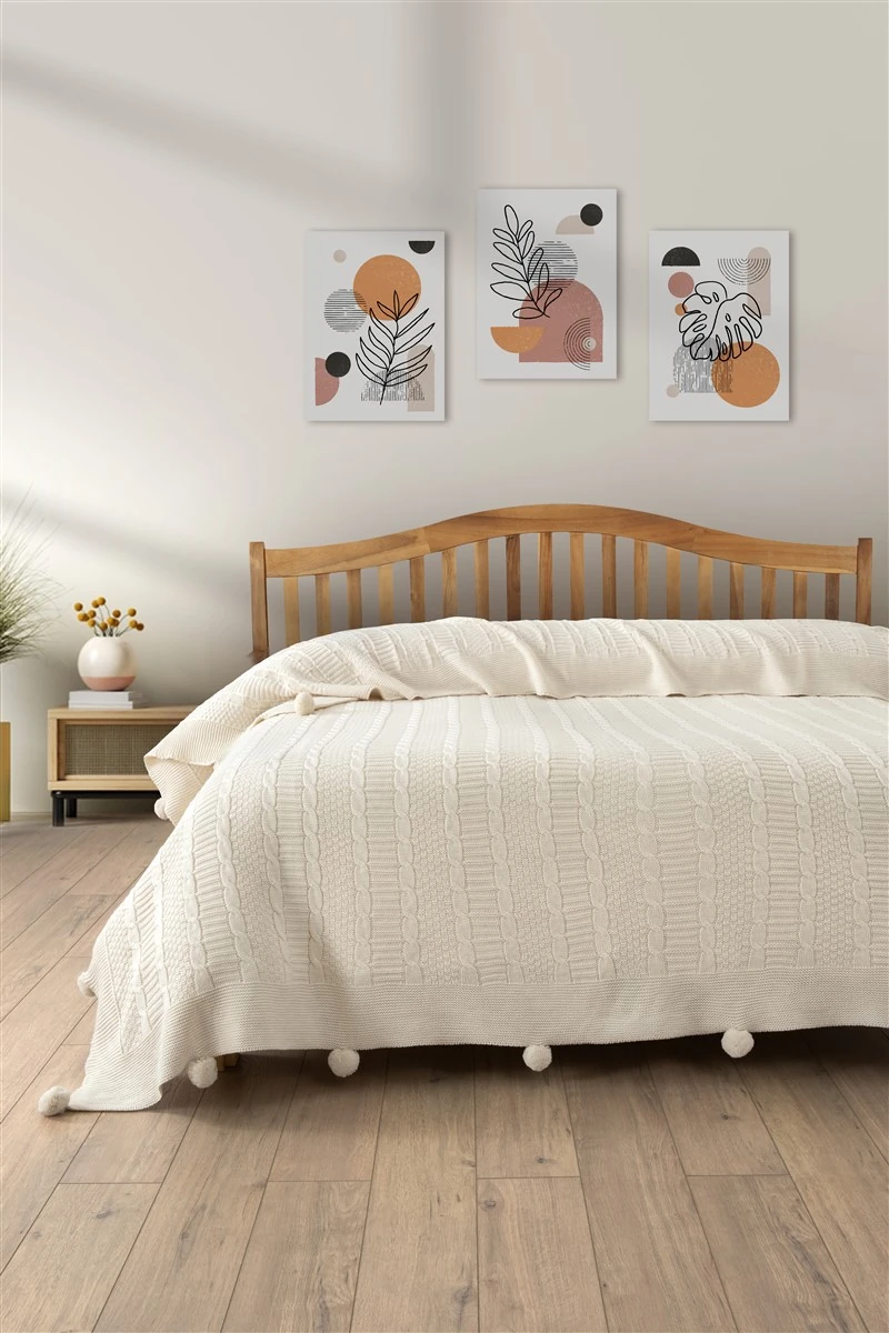 Tek Kişilik Triko Örme Battaniye - Yumuşak Dokulu & Şık Yatak Örtüsü-Örgü Battaniye - Hardal - krem