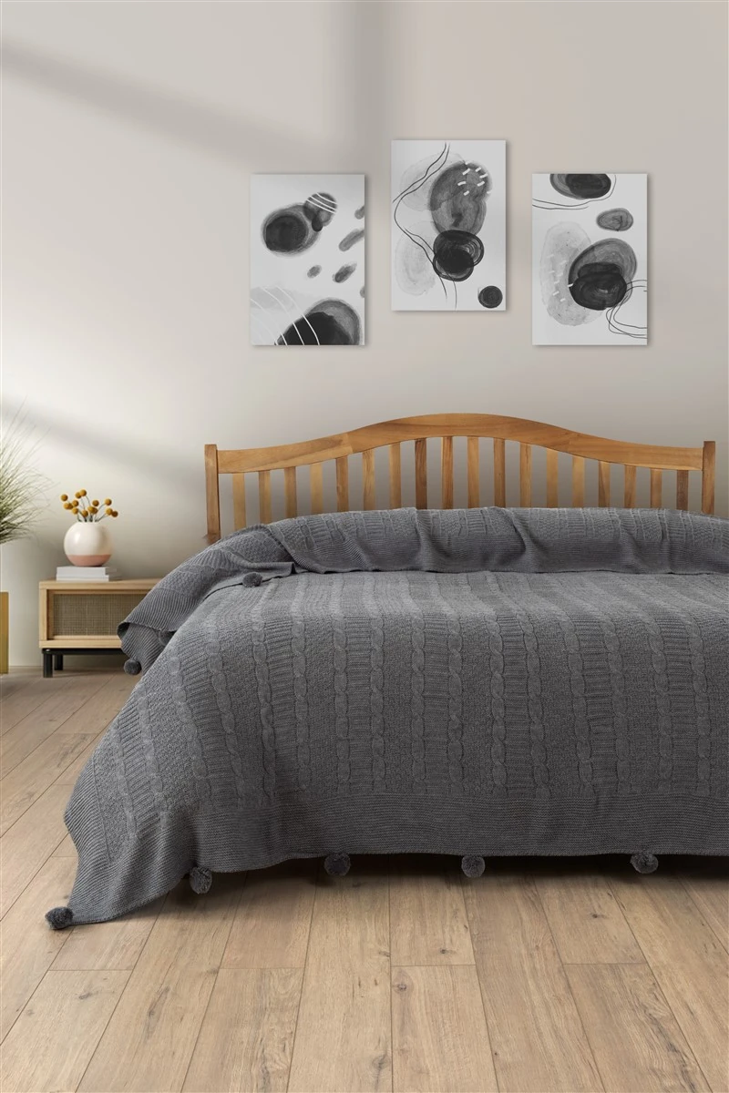 Tek Kişilik Triko Örme Battaniye - Yumuşak Dokulu & Şık Yatak Örtüsü-Örgü Battaniye - Hardal - koyu gri