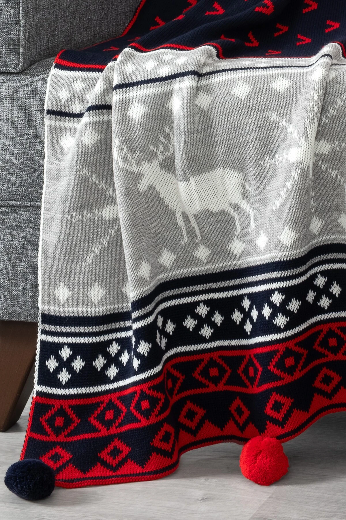 Yılbaşı Desenli Ponponlu Triko Örme Tv Battaniyesi–Yılbaşı Hediyesi-130x170 cm