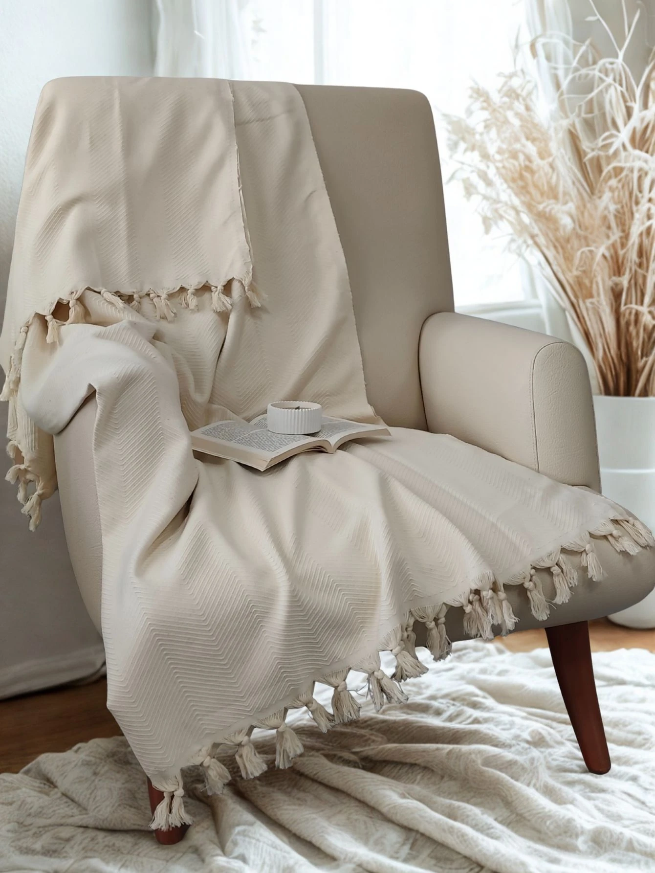 %100 Pamuk Koltuk Örtüsü - Çok Amaçlı Koltuk Şalı, Pike, Piknik Örtüsü-170x220cm - krem