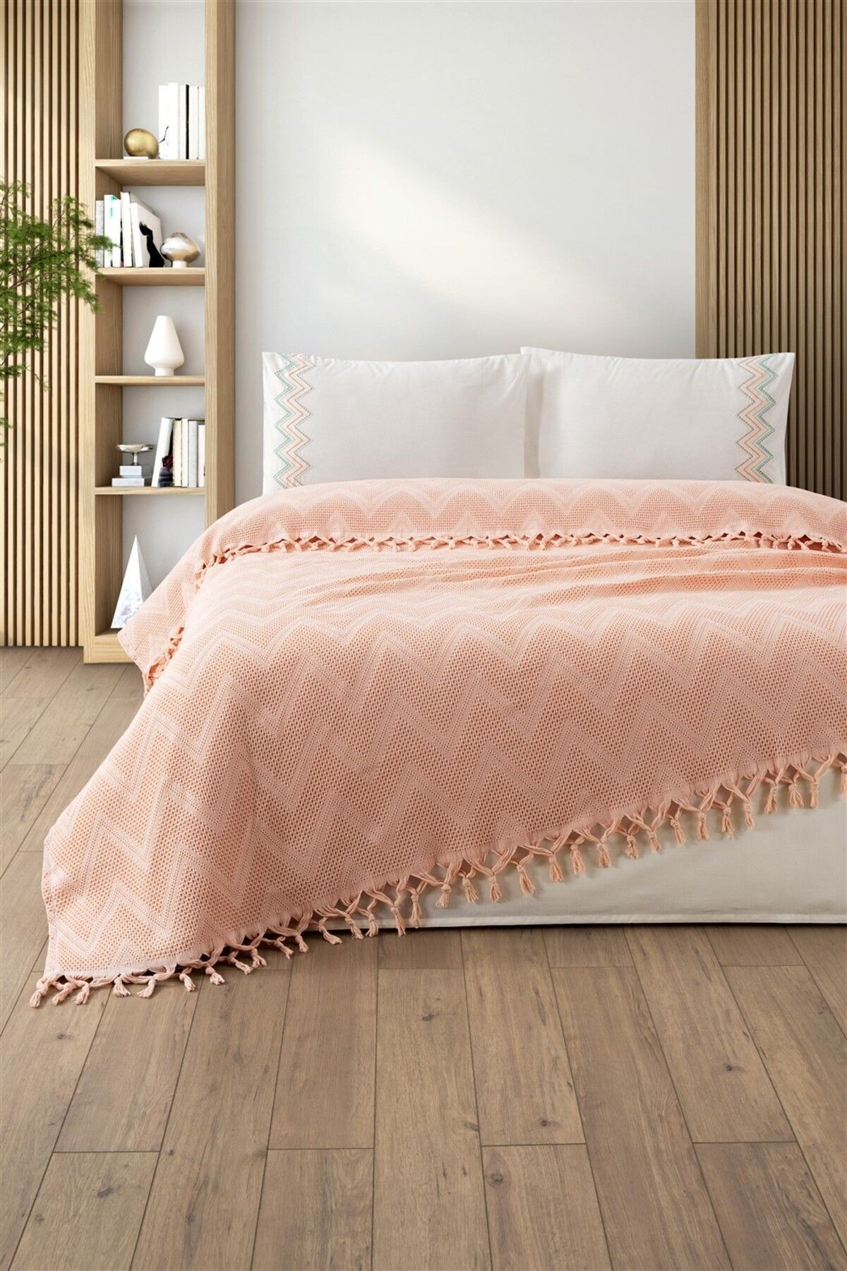 Çift Kişilik Saçaklı Waffle Pike Takımı-4 Parça & Çeyizlik Petekli Pike Seti-Delfina - pudra