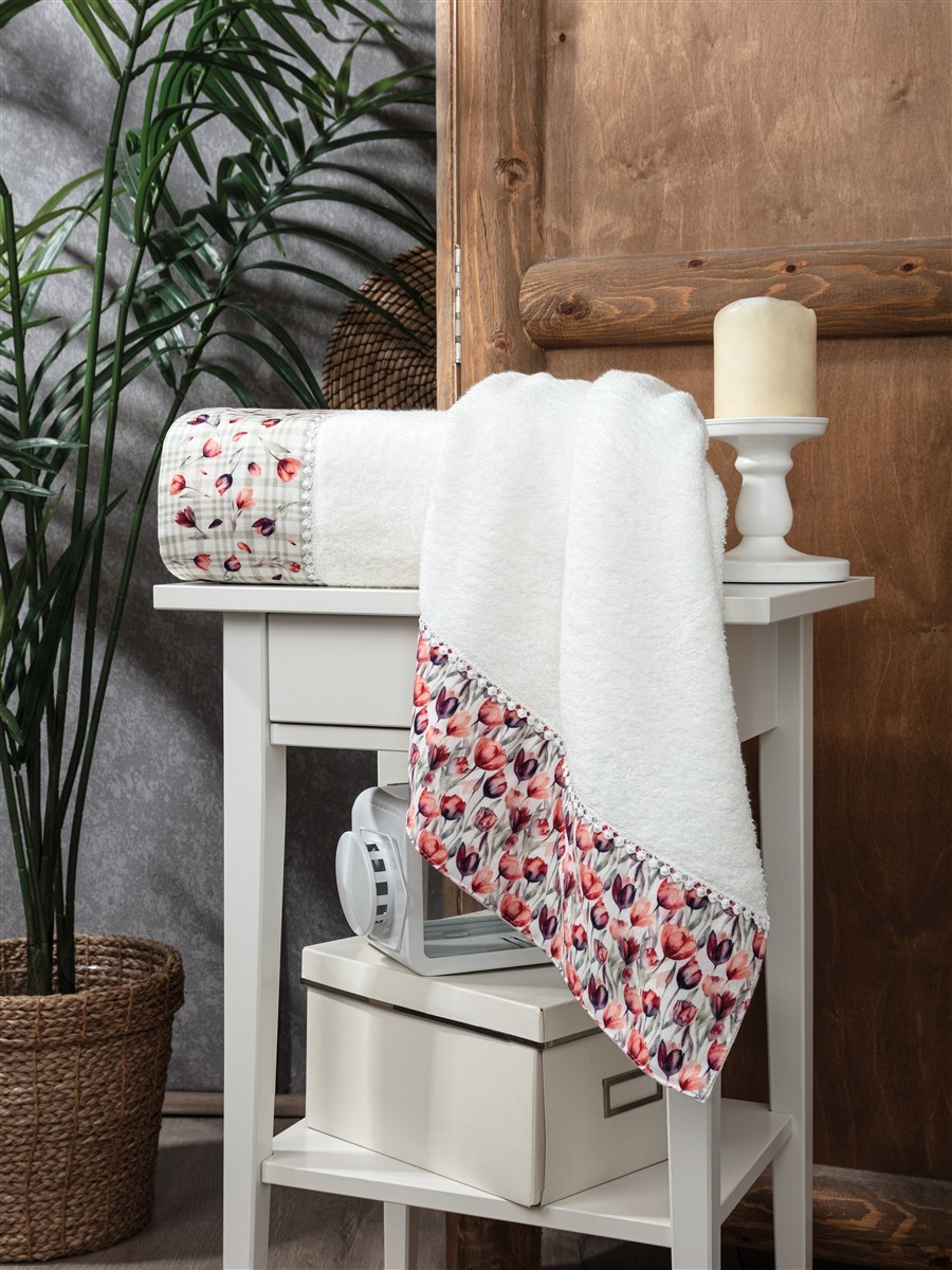 2'li Set Bambu Banyo Havlusu - Lale Baskılı Pamuk Saten Havlu - Süper Emici - Tivoli - Tulipano