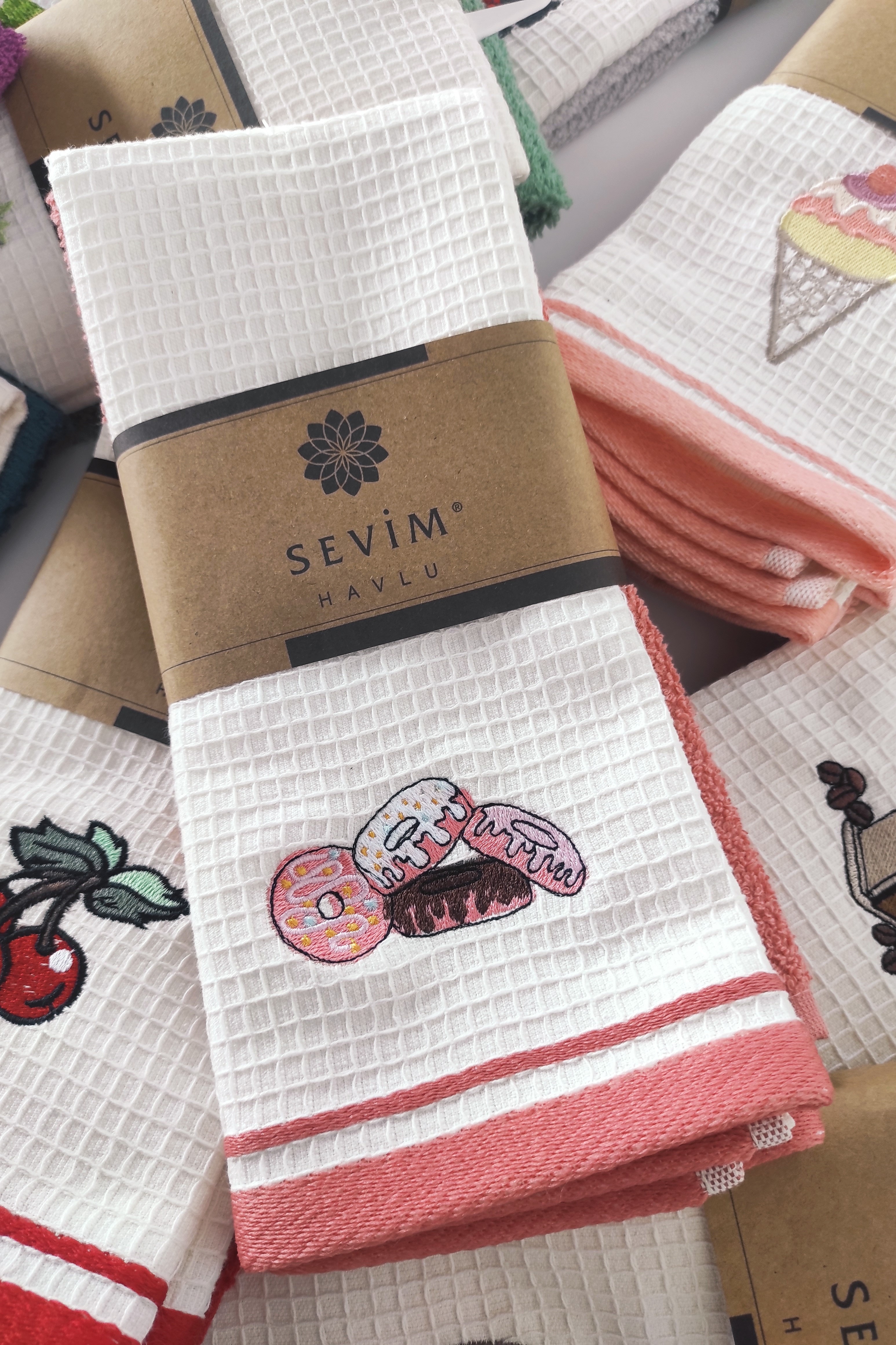 2’li Mutfak Havlusu – Gül Kurusu Renk – Donut Nakışlı - gül kurusu