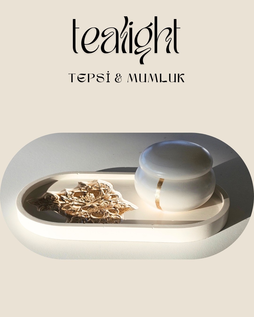Tealight Mumluk & Tepsi Seti | Özel Tasarım | Kabartmalı Desen | 3 Parça | Gold Boyama
