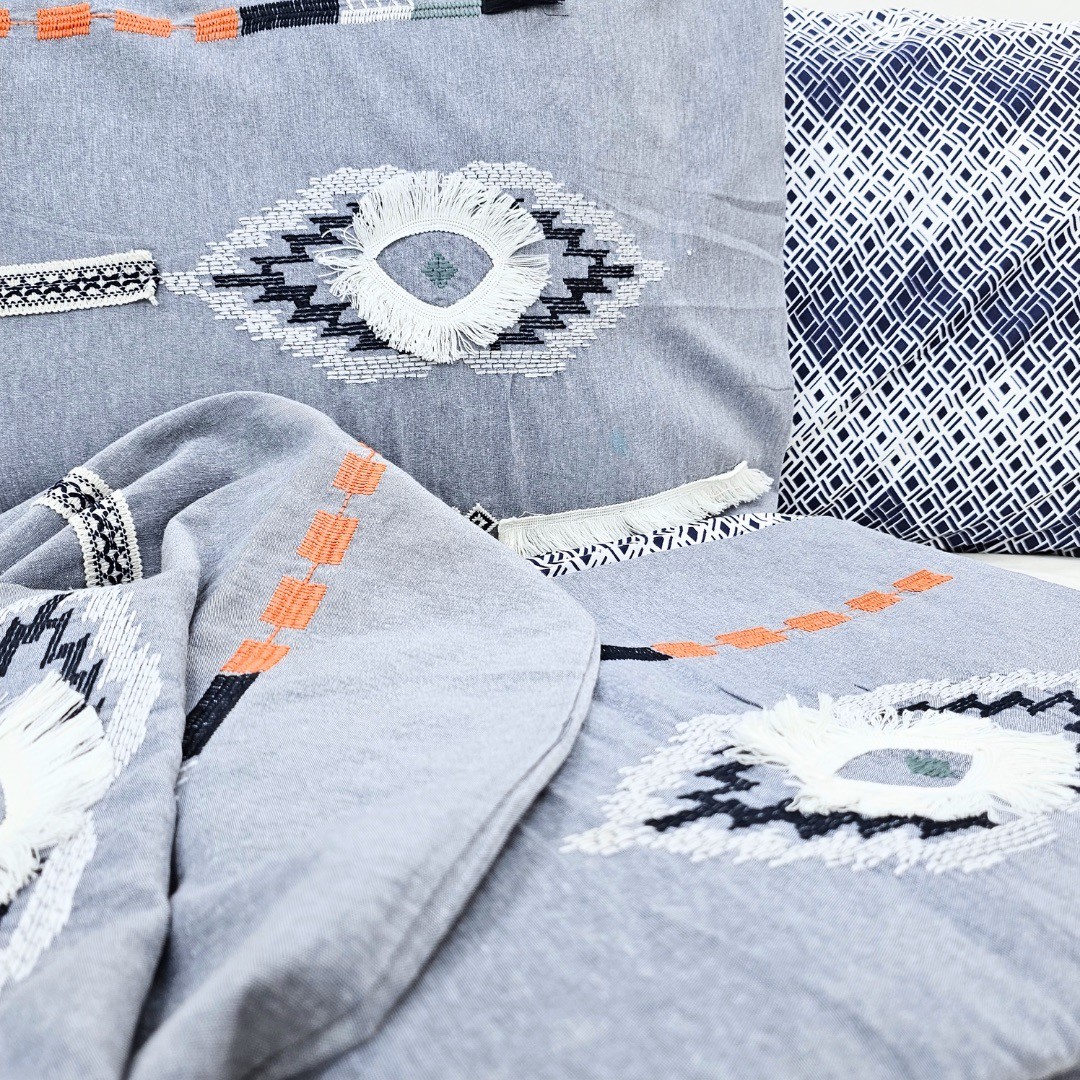 Çift Kişilik Nevresim Takımı - Ütü Gerektirmez - Nakışlı - Denim