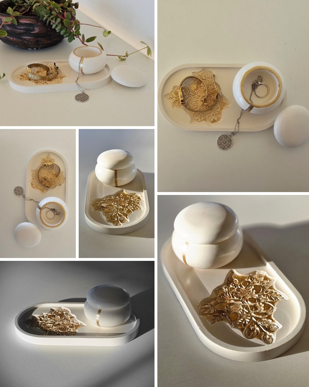 Tealight Mumluk & Tepsi Seti | Özel Tasarım | Kabartmalı Desen | 3 Parça | Gold Boyama