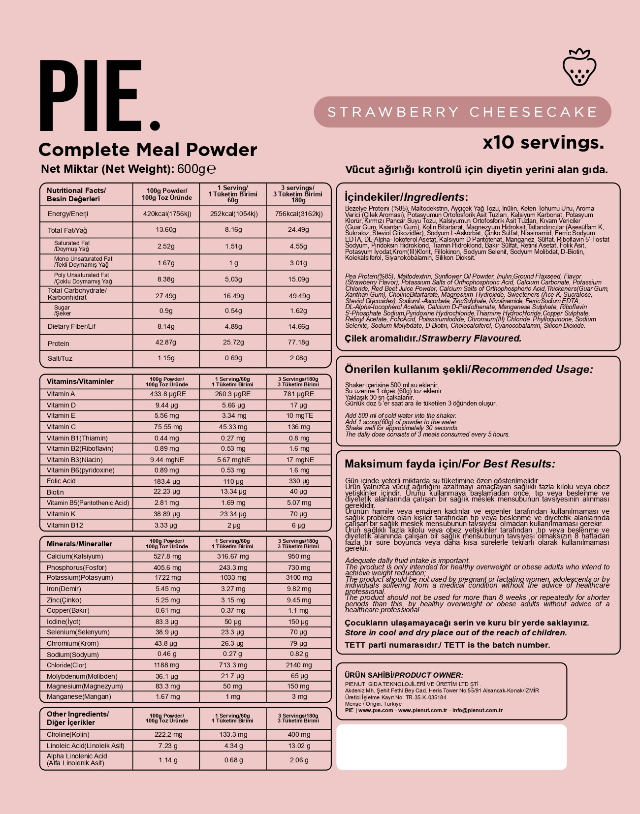 PIE. Öğün Tozu Strawberry Cheesecake