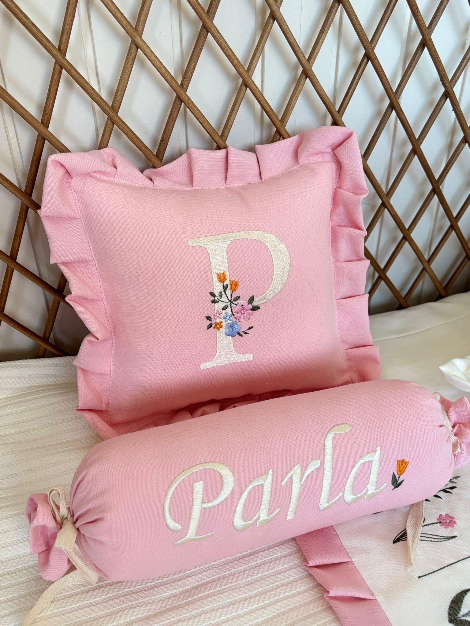 DEKORATİF 2'Lİ YASTIK ÇITIR ÇİÇEK - PEMBE EKRU