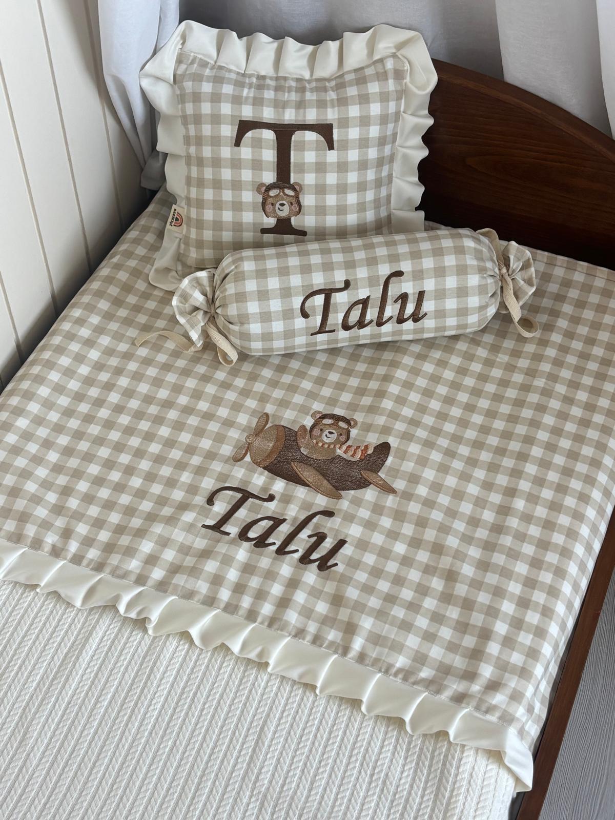 PİKE TAKIMI 3'LÜ UÇAKLI AYICIK - BEJ KOYU KAHVE