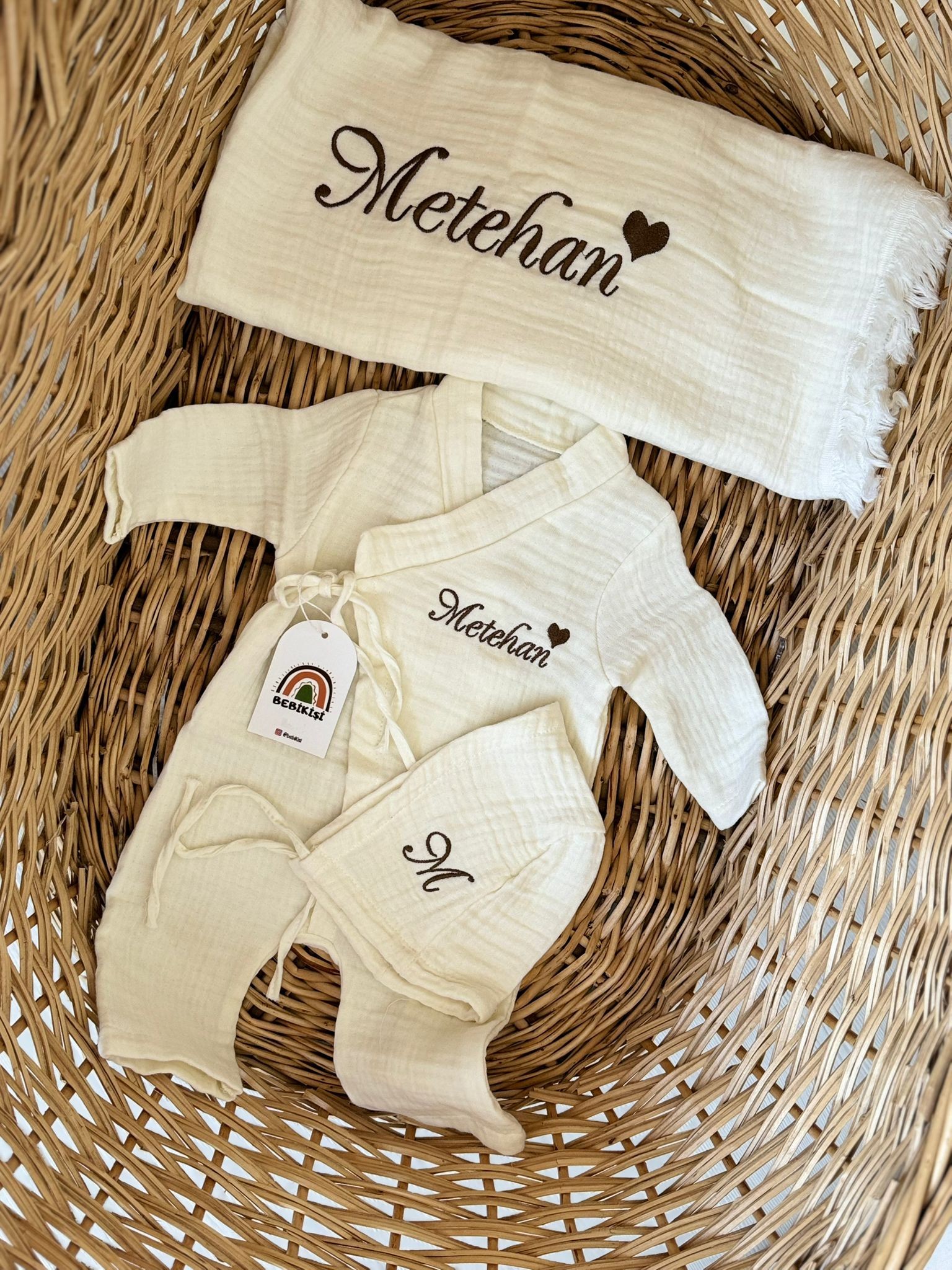 MÜSLİN  3'LÜ SET YENİDOĞAN GİYİM - DÜZ ÇAPRAZ SET