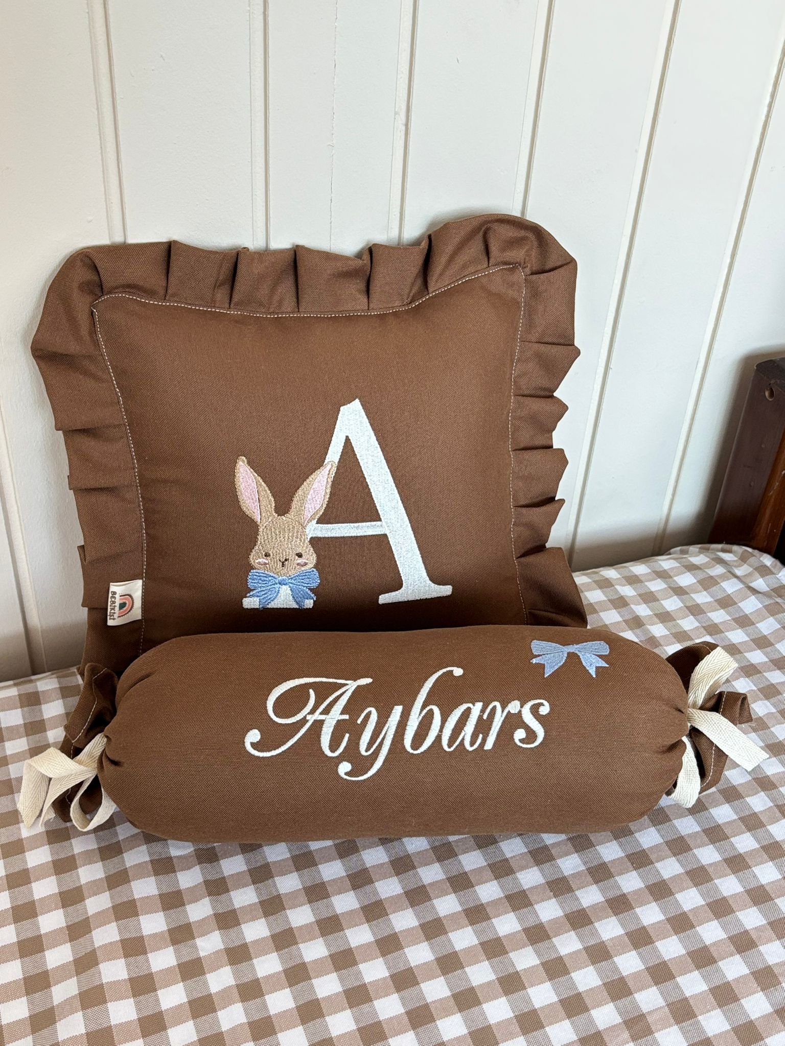 DEKORATİF 2'Lİ YASTIK PAPYONLU TAVŞAN - KOYU KAHVE