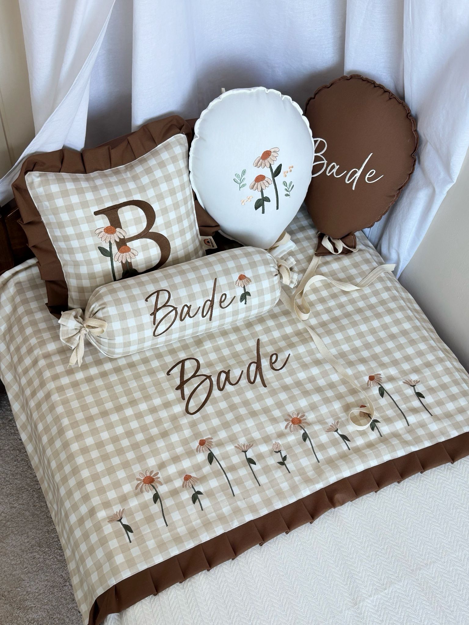 PİKE TAKIMI 5'Lİ FLORAL MAGİC BALONLU - BEJ PÖTİKARE- KOYU KAHVE FIRFIR