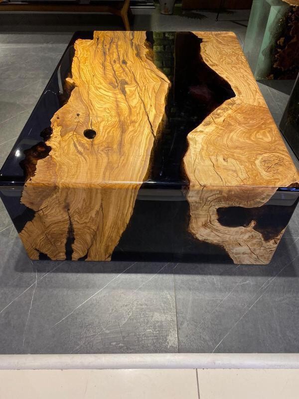 Custom Olive Wood Resin Coffee Table – Live Edge Waterfall Design | INNATURE Home