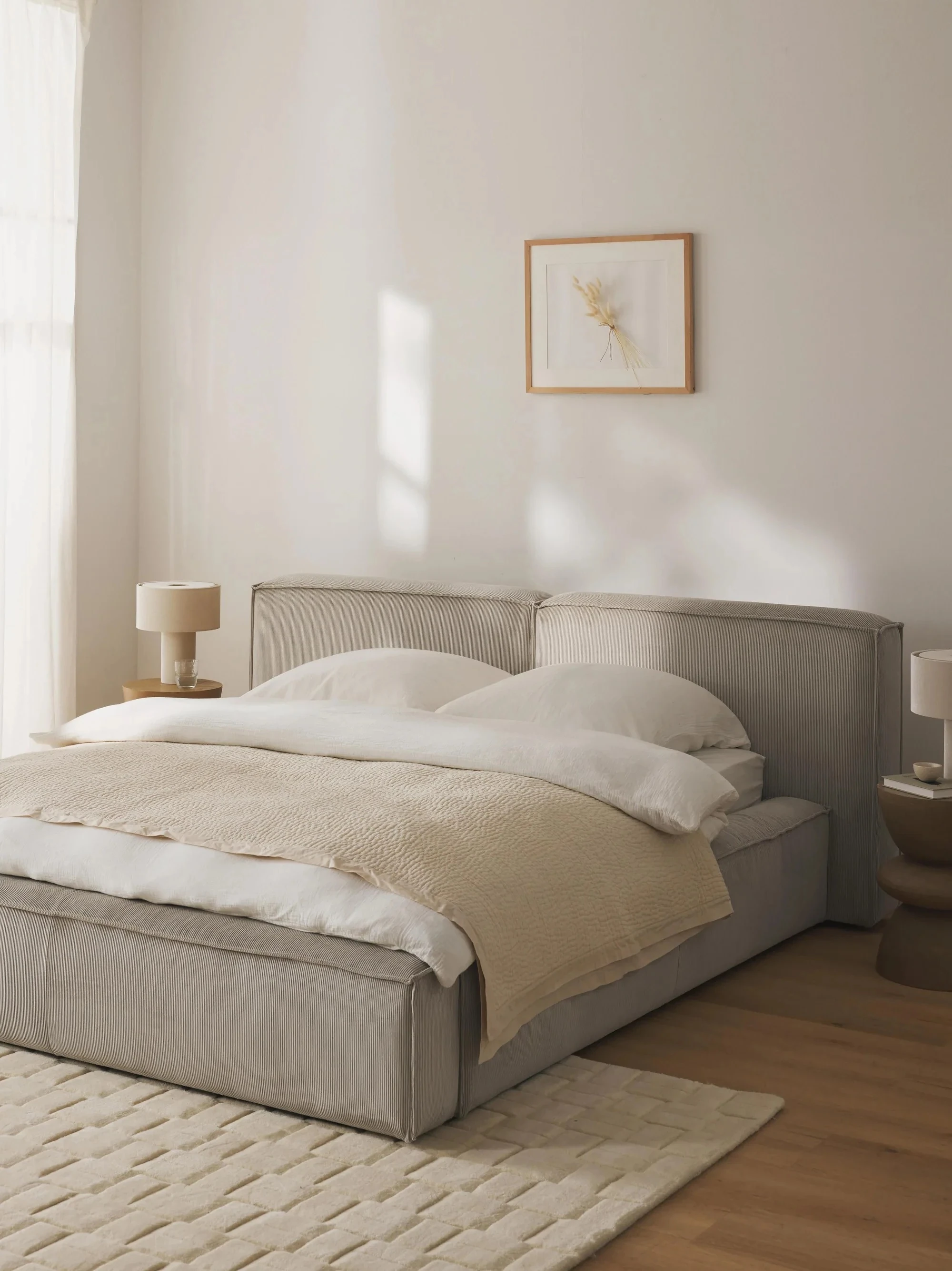 Soft Upholstered Bed – Queen Size | INNATURE - Beige, Corduroy