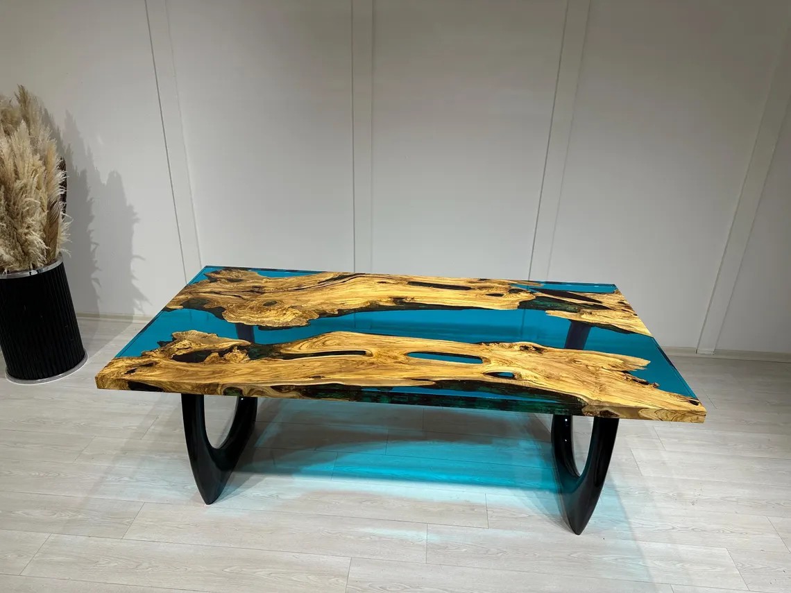 Ocean Blue Epoxy Olive Wood Table – Custom Live Edge Resin Dining or Conference Desk | Handcrafted Nature-Inspired Design | Resin Epoxy Table | INNATURE 