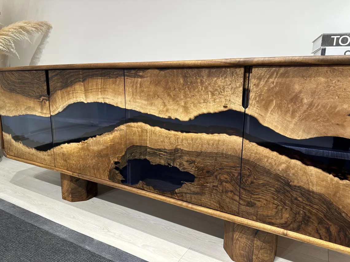 Blue Epoxy Walnut Console – Handmade Rustic TV Unit & Sideboard | Custom Solid Wood Buffet Cabinet | INNATURE