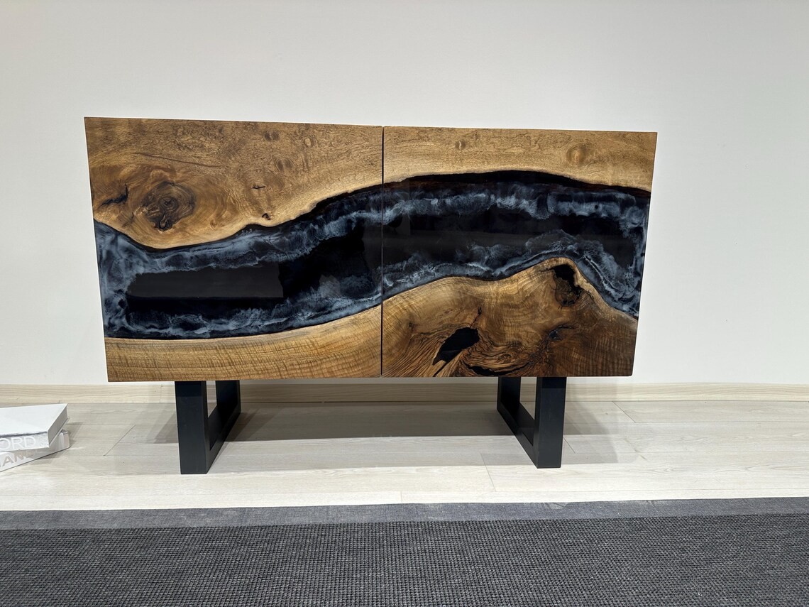 Handmade Custom Rustic Console | Epoxy Resin Tv Unit | Walnut Wood Sideboard,Black Epoxy Cabinet | Buffet Cabinet | INNATURE HOME