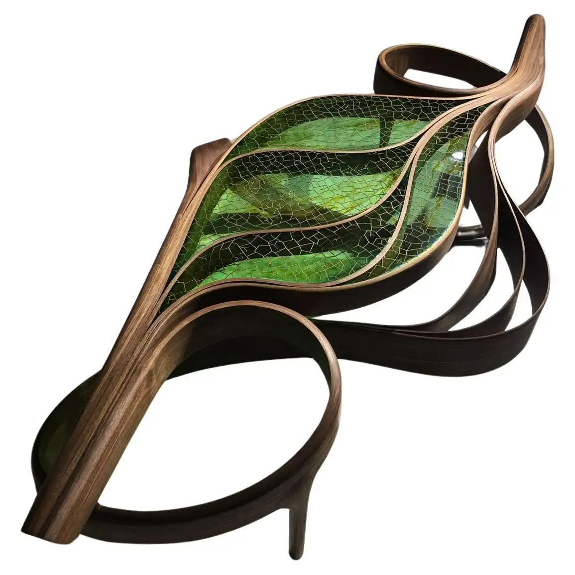 Handcrafted Leaf Carved Epoxy Coffee Table | Natural Solid Wood Centerpiece | Unique Artisan Coffee Table for Living Room - Brown - Green
