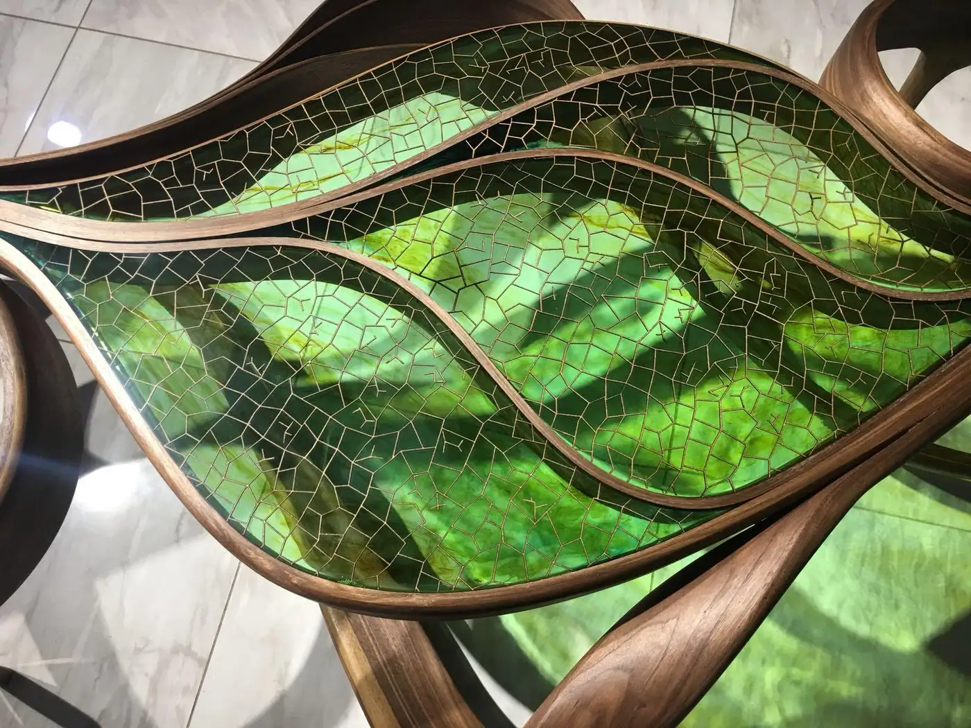 Handcrafted Leaf Carved Epoxy Coffee Table | Natural Solid Wood Centerpiece | Unique Artisan Coffee Table for Living Room - Brown - Green