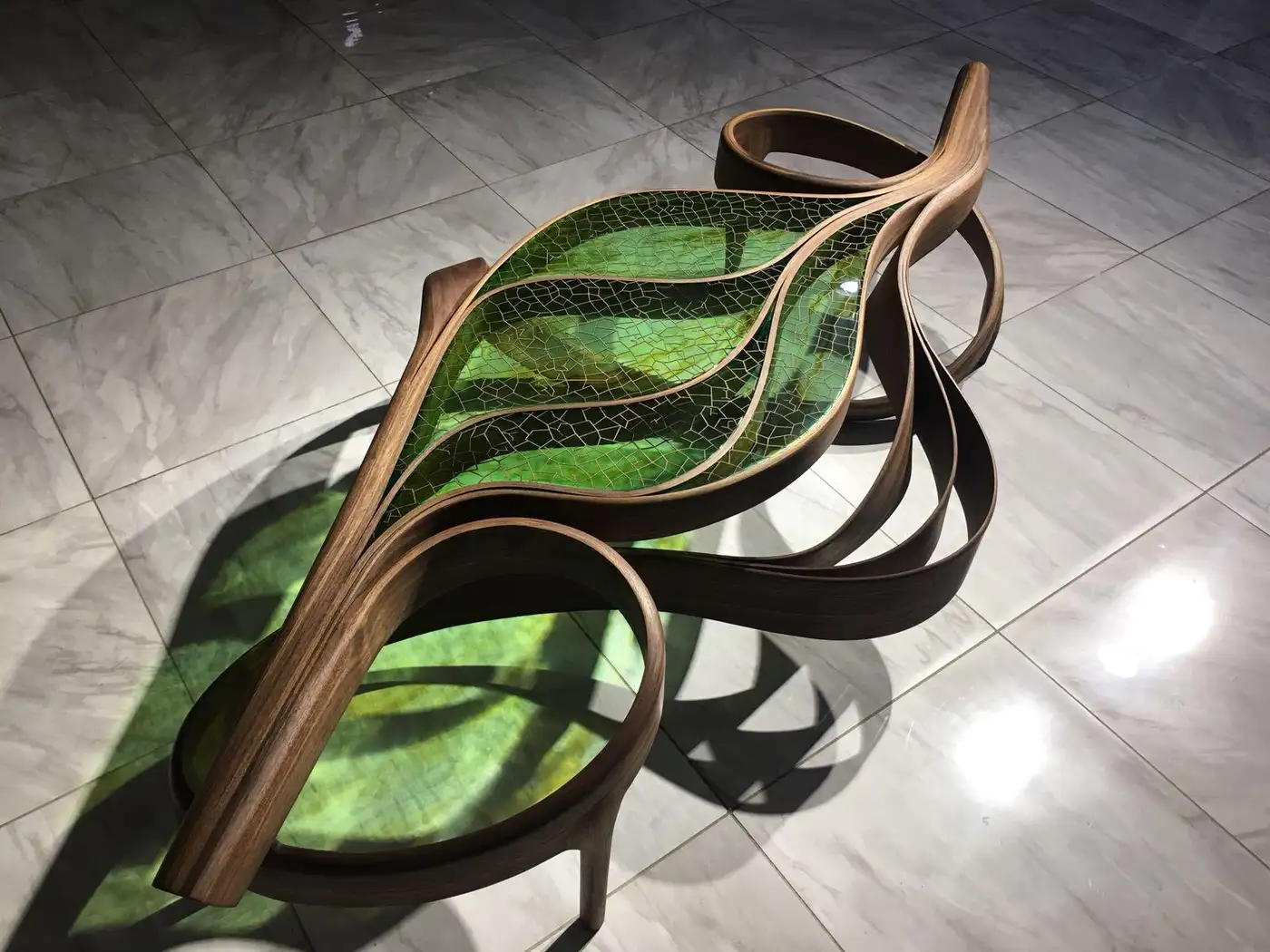 Handcrafted Leaf Carved Epoxy Coffee Table | Natural Solid Wood Centerpiece | Unique Artisan Coffee Table for Living Room - Brown - Green