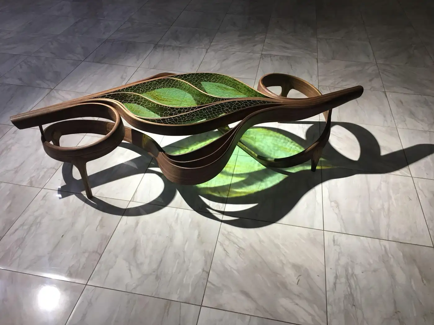 Handcrafted Leaf Carved Epoxy Coffee Table | Natural Solid Wood Centerpiece | Unique Artisan Coffee Table for Living Room - Brown - Green
