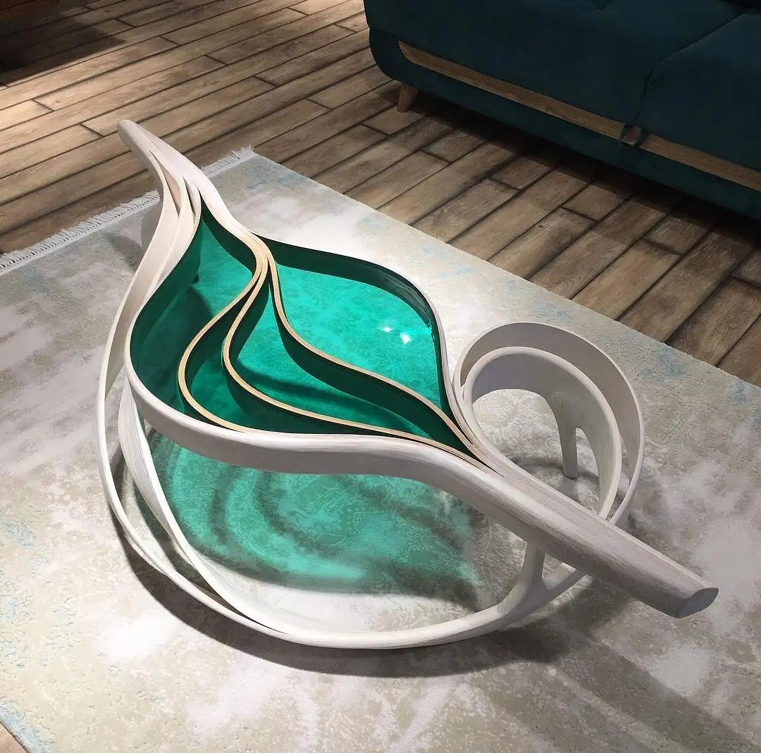 Handcrafted Leaf Carved Epoxy Coffee Table | Natural Solid Wood Centerpiece | Unique Artisan Coffee Table for Living Room - Off White - Green